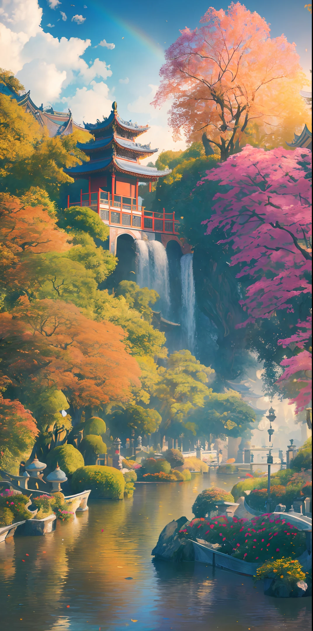 Masterpiece, best quality, high quality, extremely detailed CG unity 8k wallpaper, Chinese garden, landscape, amsterdam, autumn, outdoors, rainbow, sky, cloud, daytime, scenery, water, tree, blue sky, waterfall, nature, lake , river, cloudy sky, award winning photography, bokeh, depth of field, HDR, bloom, chromatic aberration, photorealism, very detailed, trending on artstation, trending on CGsociety, intricate, high detail, dramatic, art by midjourney
