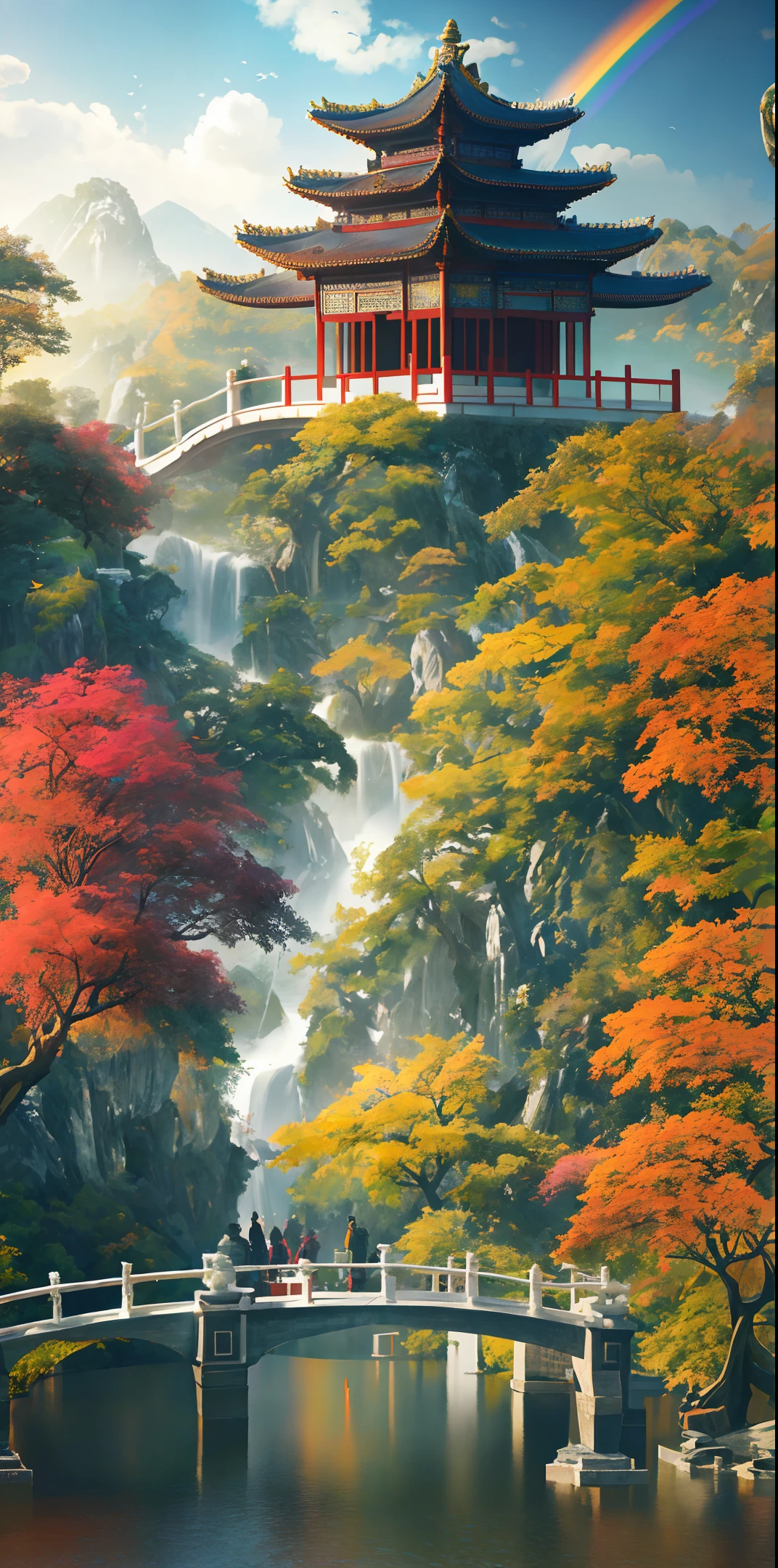 Masterpiece, best quality, high quality, extremely detailed CG unity 8k wallpaper, Chinese garden, landscape, amsterdam, autumn, outdoors, rainbow, sky, cloud, daytime, scenery, water, tree, blue sky, waterfall, nature, lake , river, cloudy sky, award winning photography, bokeh, depth of field, HDR, bloom, chromatic aberration, photorealism, very detailed, trending on artstation, trending on CGsociety, intricate, high detail, dramatic, art by midjourney