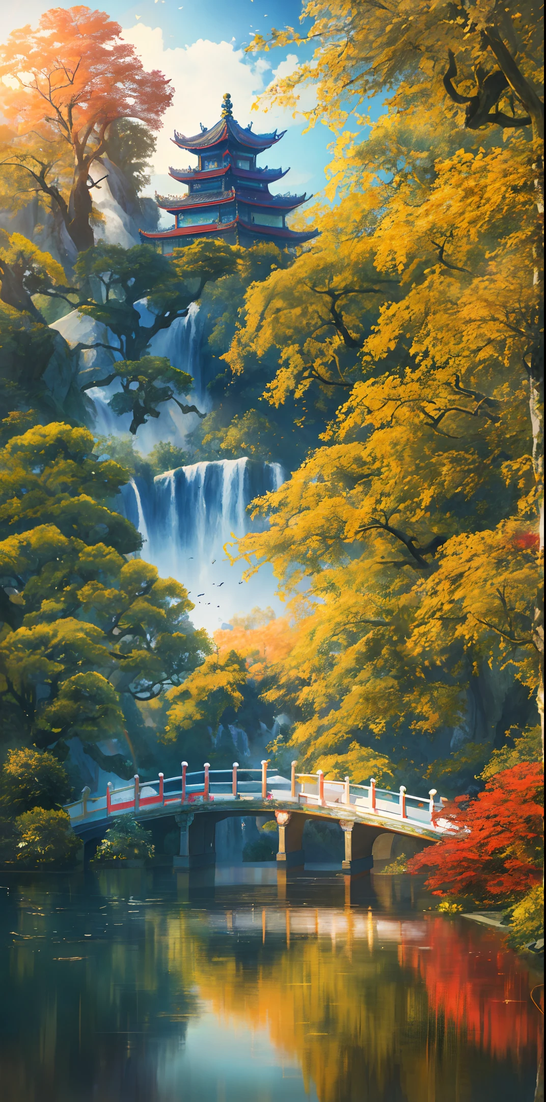Masterpiece, best quality, high quality, extremely detailed CG unity 8k wallpaper, Chinese garden, landscape, amsterdam, autumn, outdoors, rainbow, sky, cloud, daytime, scenery, water, tree, blue sky, waterfall, nature, lake , river, cloudy sky, award winning photography, bokeh, depth of field, HDR, bloom, chromatic aberration, photorealism, very detailed, trending on artstation, trending on CGsociety, intricate, high detail, dramatic, art by midjourney
