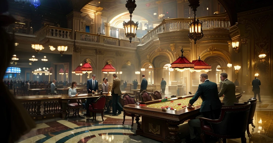 Masterpiece, best quality, (very detailed CG Unity 8k wallpaper), (best quality), (best illustration), (best shadow), casino, Casino Royale, magnificent lobby, gambling table, tourists