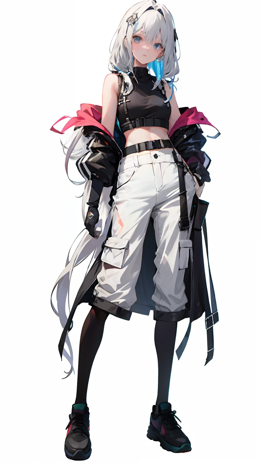 1girl, full body, long hair, hair reaching the ground, middle chest, mittens, crop top, overalls, dark lights, bare arms, (shoulder: 1.9), long hair, pure white background, croptop, Kpop Idol, short sleeves T - shirt, hip hop pants, colorful, 1 women's colored PVC vest ((movie jamming)), full body, wearing sneakers, beautiful eyes, glitter, accessories, portrait, artwork, c4d, blender, pretty face , black bottom, 1 piece of women's clothing ((color laser transparent PVC material)) coat shoes, film interference, full body, beautiful eyes, accessories, portraits, game art, character concept design, beauty, white bottom, masterpiece, Top Quality, High quality , high resolution {beautiful detail eyes: 1.4}, (super fine detail), (extremely fine detail beauty: 1.2), (delicate beauty cute face: 1.3), glowing eyes,