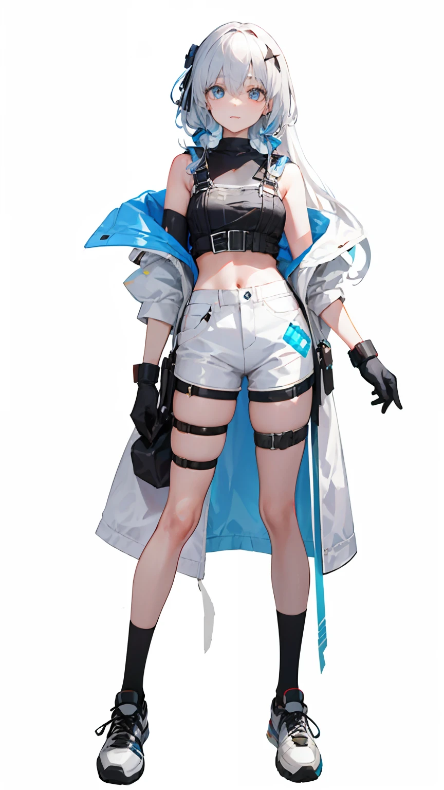 1girl, full body, long hair, hair reaching the ground, middle chest, mittens, crop top, overalls, dark lights, bare arms, (shoulder: 1.9), long hair, pure white background, croptop, Kpop Idol, short sleeves T - shirt, hip hop pants, colorful, 1 women's colored PVC vest ((movie jamming)), full body, wearing sneakers, beautiful eyes, glitter, accessories, portrait, artwork, c4d, blender, pretty face , black bottom, 1 piece of women's clothing ((color laser transparent PVC material)) coat shoes, film interference, full body, beautiful eyes, accessories, portraits, game art, character concept design, beauty, white bottom, masterpiece, Top Quality, High quality , high resolution {beautiful detail eyes: 1.4}, (super fine detail), (extremely fine detail beauty: 1.2), (delicate beauty cute face: 1.3), glowing eyes,