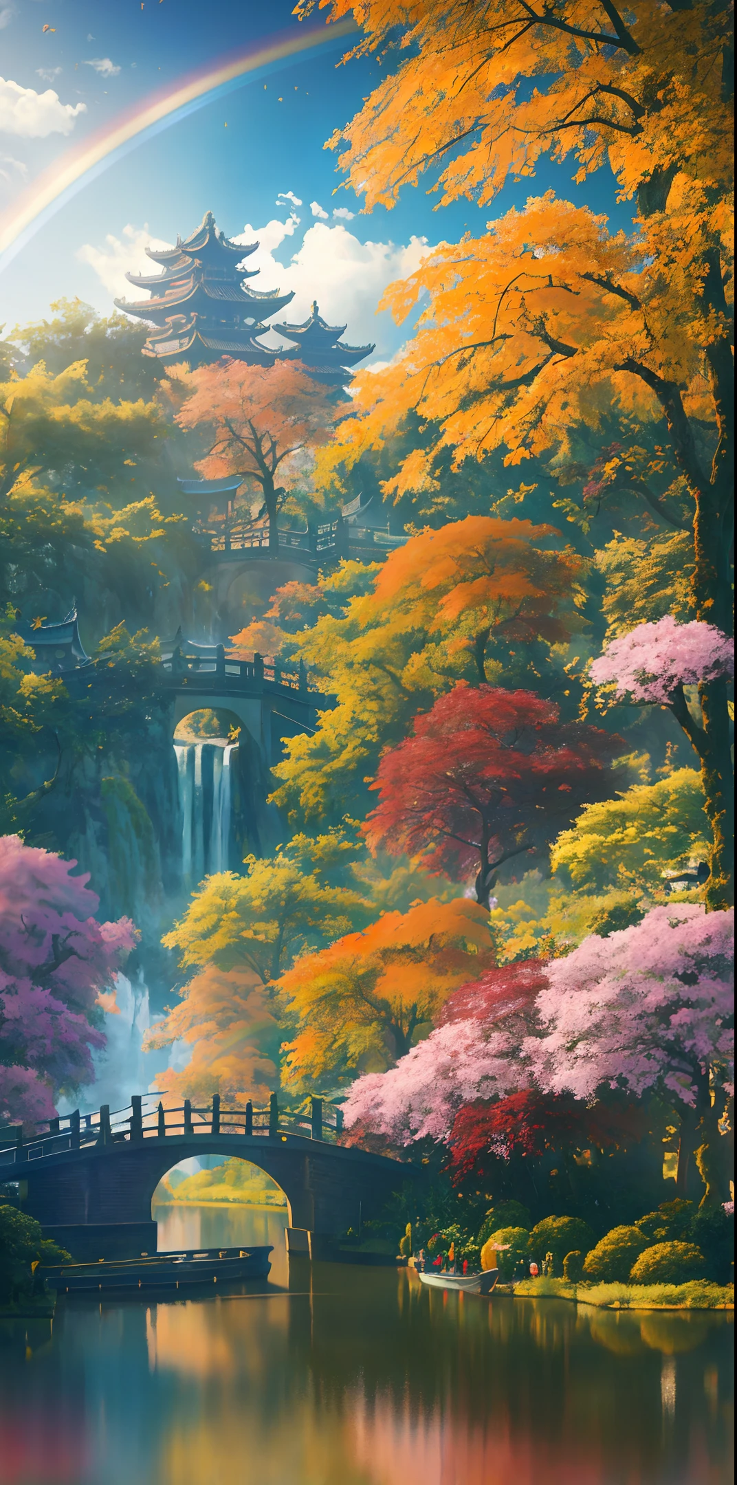 Masterpiece, best quality, high quality, extremely detailed CG unity 8k wallpaper, Chinese garden, landscape, amsterdam, autumn, outdoors, rainbow, sky, cloud, daytime, scenery, water, tree, blue sky, waterfall, nature, lake , river, cloudy sky, award winning photography, bokeh, depth of field, HDR, bloom, chromatic aberration, photorealism, very detailed, trending on artstation, trending on CGsociety, intricate, high detail, dramatic, art by midjourney
