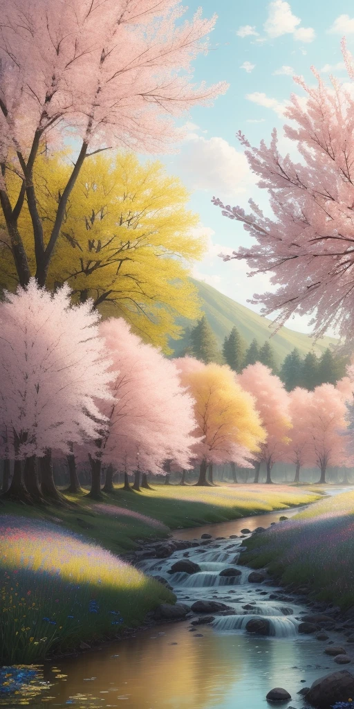 A sunny meadow full of wildflowers of every color surrounded by lush tall pink trees with new leaves and a breeze. In the distance, there is a stream flowing, masterpiece, best quality, high quality, extremely detailed CG unity 8k wallpaper, oil painting, award winning photography, bokeh, depth of field, HDR, bloom, chromatic aberration, realistic, very detailed, artstation Trending on CGsociety, trending on CGsociety, intricate, high detail, dramatic, midjourney art