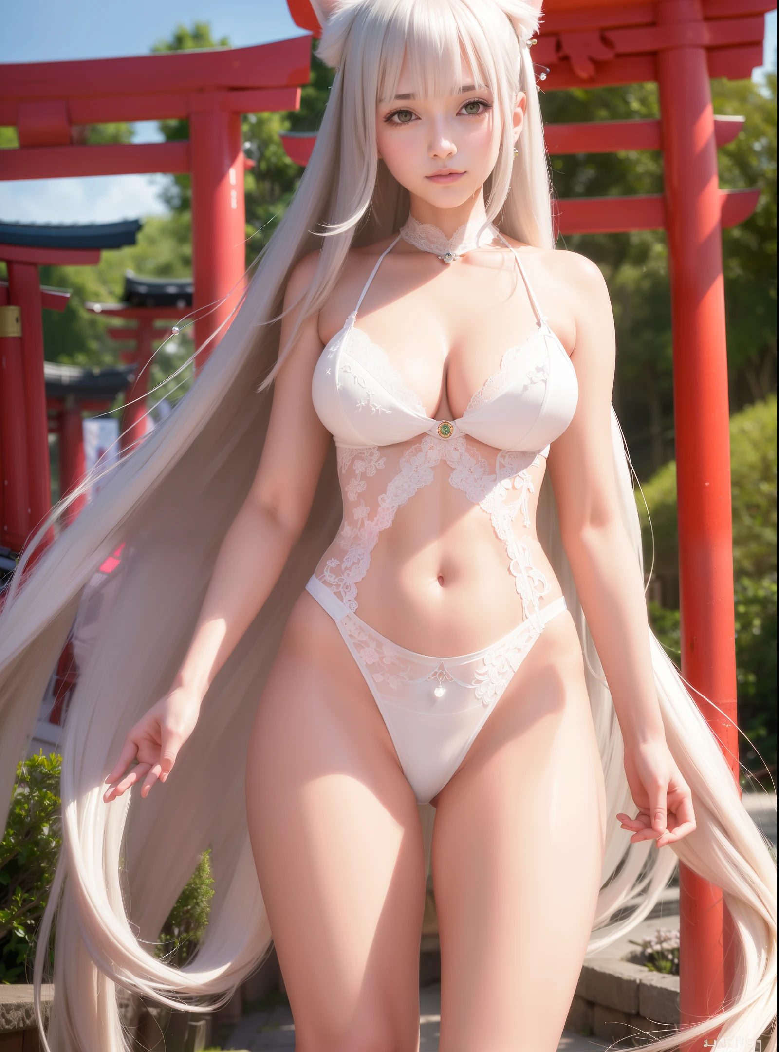 (((Ultra-Real)crafted, Masterpiece 1.2) wide-angle lens, large angle of view, masterpiece, perfect, sacred, luxurious, atmospheric, exquisite, rich in detail, complex, changeable, , revealing, sexy, rming, eye-catching, CG, Super real 8K), masterpiece, (perfect body: 1.2), 1girl, (side light, film halo), silver long hair, flowing long hair, long wind blowing hair, flying long hair, cat ears, perfect clean facial features, mature Woig breasts, tunt, realistic rendering, shiny body, (cutout, transparent, lace white stockings, red shiny priestess clothing: 1.4), (background Japanese shrine, torii, outdoor, garden, flowers, cherry tree : 1.4), (Sakura: 1.2), charming smile, standing pose, looking at viewer, legs towards viewer, spreading legs, spreading thighs, stroking breasts, pearls, gemstonesnds, emeralds, rubies, emerald jewelry , pearl jade ruby ruby emerald crystal jewelry,