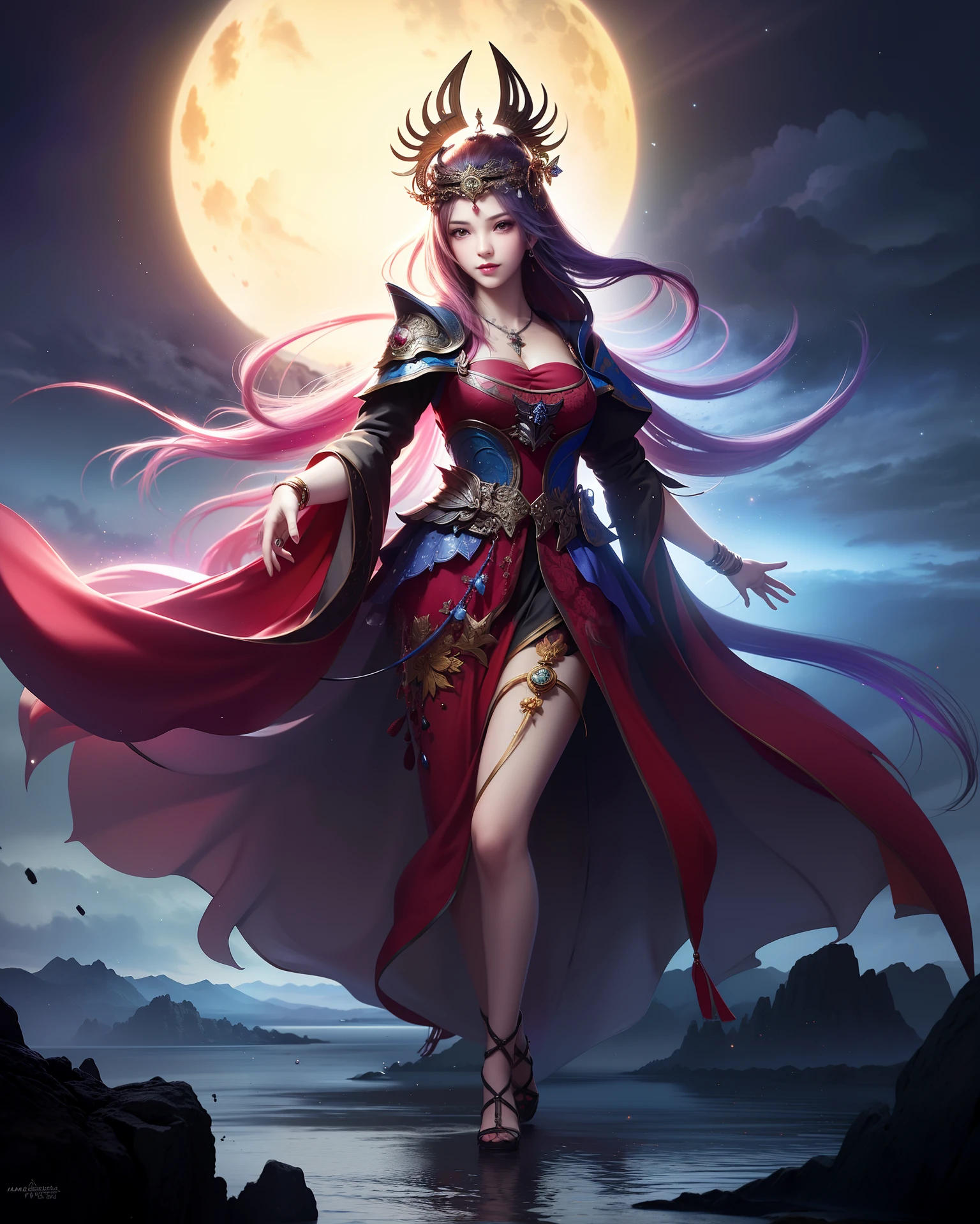 (8k, RAW photo:1.2), best quality, ultra high res, dramatic angle,(fluttered detailed color splashs), (illustration),(((1 girl))),(long hair),(rain:0.9), (Headdress: 1.4), there is an ancient palace next to the girl, Hanfu, (emphasis), color ink painting, (splash color), splash color, (((colorful))), (sketch: 0.8), Masterpiece, best quality, beautiful painted, highly detailed,(denoising:0.6),[splash ink],((ink refraction)), (beautiful detailed sky),moon,highly,detailed,(masterpiece, best quality, extremely detailed) CG unity 8k wallpaper, masterpiece , best quality, super detailed), (lycoris),