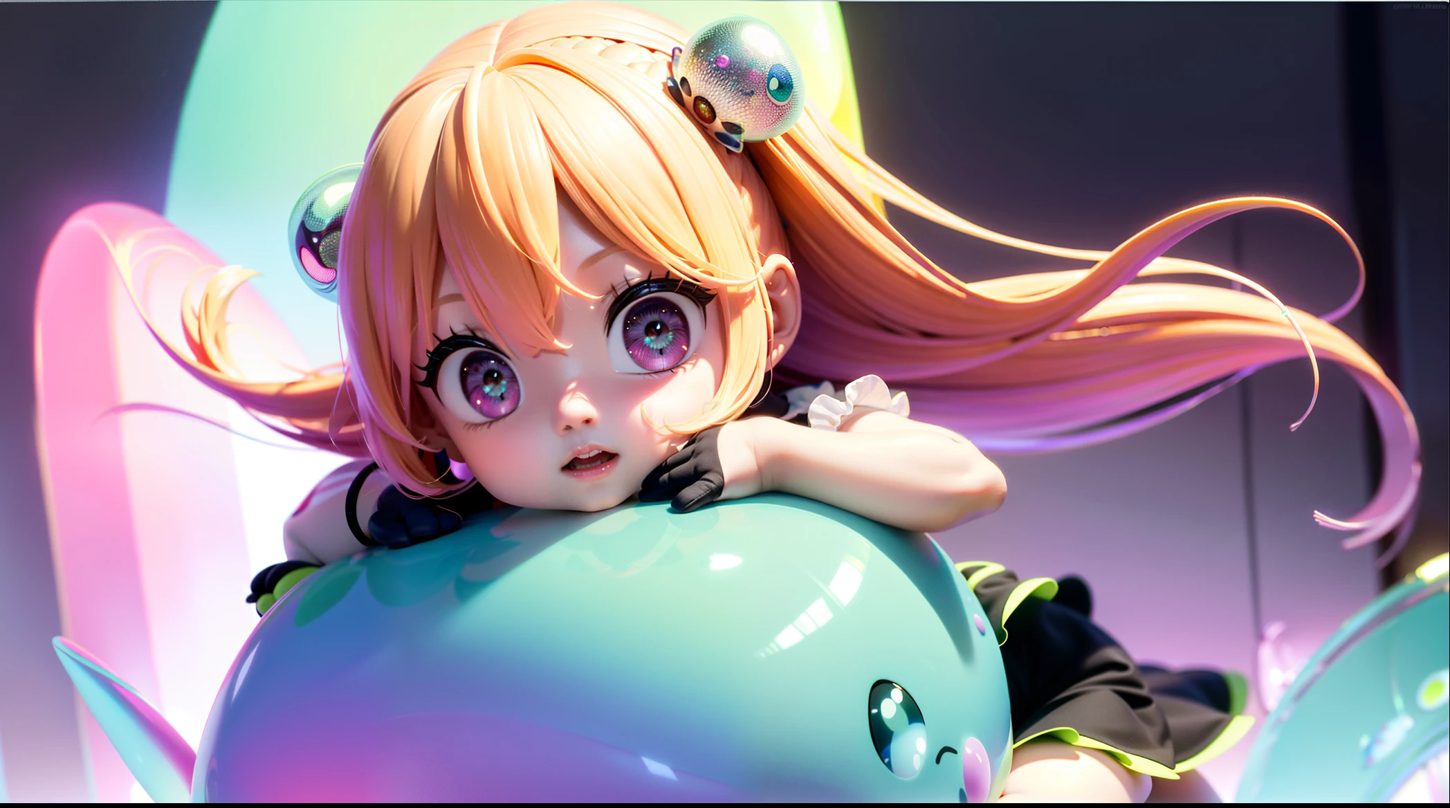 Detailed plastic materials, ((same character, front, side, back)) best quality, (very detailed model), (best quality), octane rendering, ray tracing, very detailed, 3D toys , exaggerated huge hair, little girl (full body) (3D hair, cute hair accessories, ((children)), beautiful eyes, cute big eyes, cute face, pink and green gradient, drum skirt, cute skirt, chib, fluorescent half Transparent, colorful, plastic, children, transparent, product design, luminous jelly, exquisite and cute plastic, beautiful light and shadow 3d, digital art, translucent plastic bubble gum, close-up, 3d, ultra-detailed, generate front view, side view, rear view three views , Borderless, c4d, Octane rendering, Blender, HD, full body, simple background!