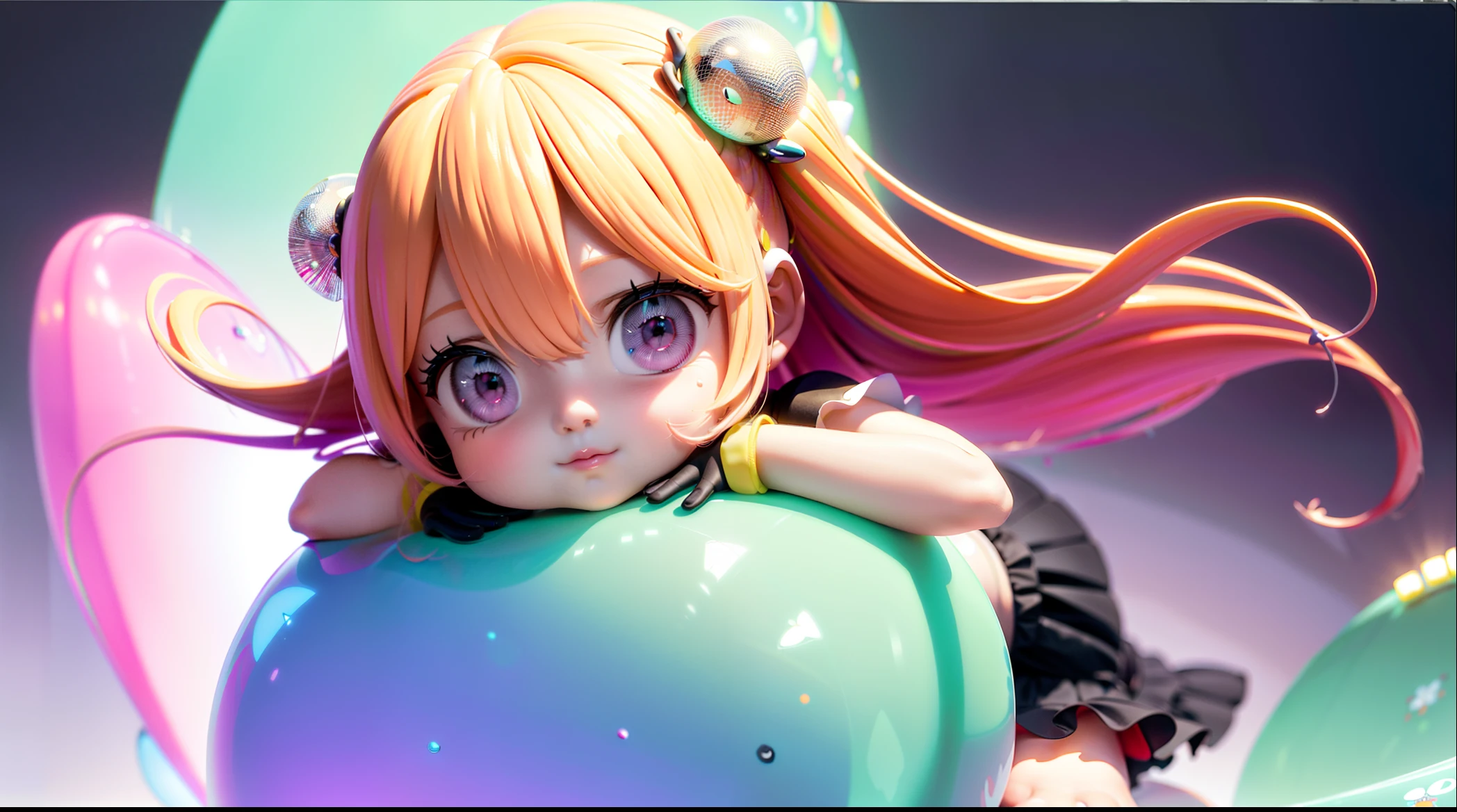 Detailed plastic materials, ((same character, front, side, back)) best quality, (very detailed model), (best quality), octane rendering, ray tracing, very detailed, 3D toys , exaggerated huge hair, girl (full body) (3D hair, cute hair accessories, ((children)), beautiful eyes, cute big eyes, cute face, pink and green gradient, drum skirt, cute skirt, chib, fluorescent half Transparent, colorful, plastic, children, transparent, product design, luminous jelly, exquisite and cute plastic, beautiful light and shadow 3d, digital art, translucent plastic bubble gum, close-up, 3d, ultra-detailed, generate front view, side view, rear view three views , Borderless, c4d, Octane rendering, Blender, HD, full body, simple background!