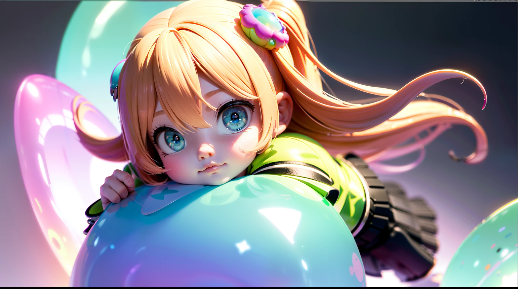 Detailed plastic materials, ((same character, front, side, back)) best quality, (very detailed model), (best quality), octane rendering, ray tracing, very detailed, 3D toys , exaggerated huge hair, little girl (full body) (3D hair, cute hair accessories, ((children)), beautiful eyes, cute big eyes, cute face, pink and green gradient, drum skirt, cute skirt, chib, fluorescent half Transparent, colorful, plastic, children, transparent, product design, luminous jelly, exquisite and cute plastic, beautiful light and shadow 3d, digital art, translucent plastic bubble gum, close-up, 3d, ultra-detailed, generate front view, side view, rear view three views , no border, c4d, Octane rendering, Blender, high definition, full body, simple background!