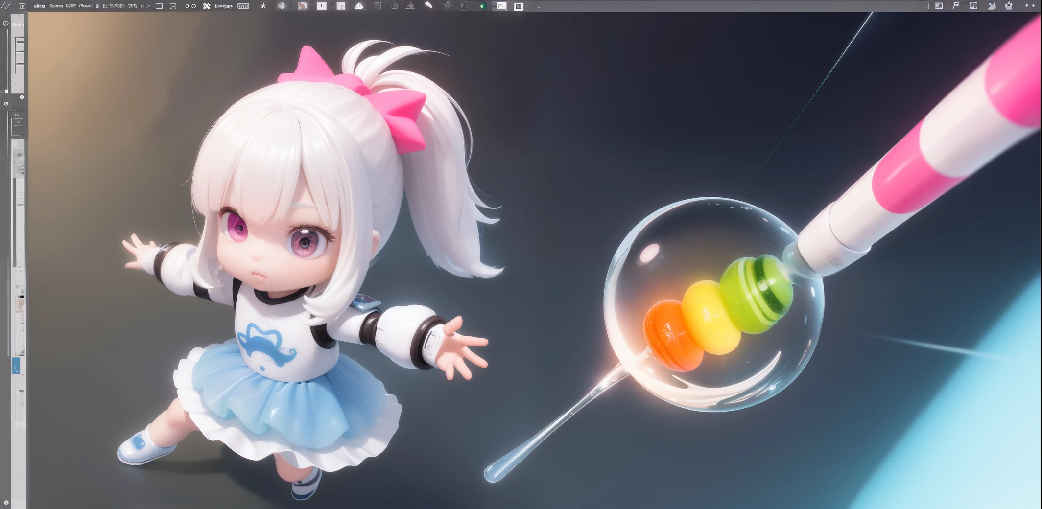 Detailed plastic materials, ((same character, front, side, back)) best quality, (very detailed model), (best quality), octane rendering, ray tracing, very detailed, 3D toys , exaggerated huge hair, little girl (full body) (3D hair, cute hair accessories, ((children)), beautiful eyes, cute big eyes, cute face, white hair, spacesuit, cute skirt, take Huge colorful lollipop, chewing gum, chib, fluorescent translucent, colorful, plastic, children, transparent, product design, glowing jelly, delicate and cute plastic, beautiful light and shadow 3d, digital art, translucent plastic bubble gum, close-up, 3d, super detailed, generated Front view, side view, rear view three views, no frame, c4d, Octane rendering, Blender, HD, full body, simple background!