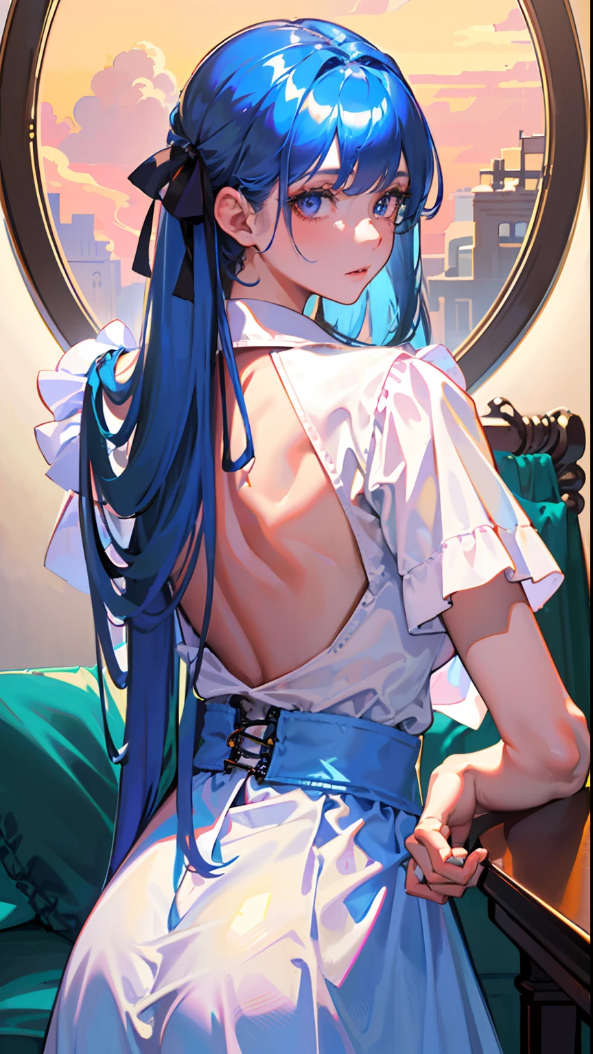 (detailed beautiful eyes and detailed face, masterpiece side light, masterpiece, best quality, detailed, high resolution illustration), (1 girl, beautiful back, beautiful girl, shiny skin, looking down, looking at viewer) , (sky blue hair, pink eyes, skirt, ribbon, button-down shirt)