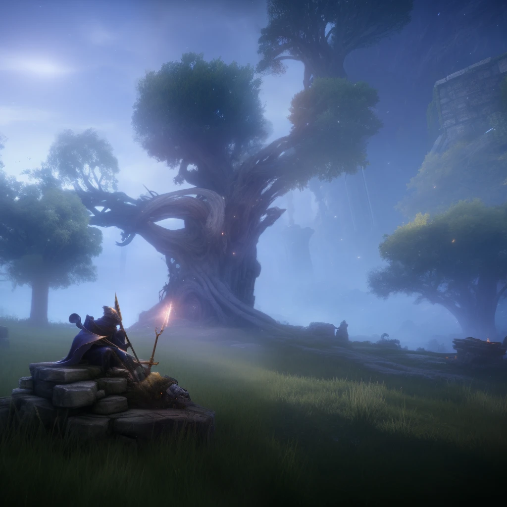 Stable Diffusion Prompt:
In the style of Elden Ring, amidst desolation and ruins, a giant tree towers in the background, as a medieval knight sits in contemplation with a sword inverted on a small campfire.
