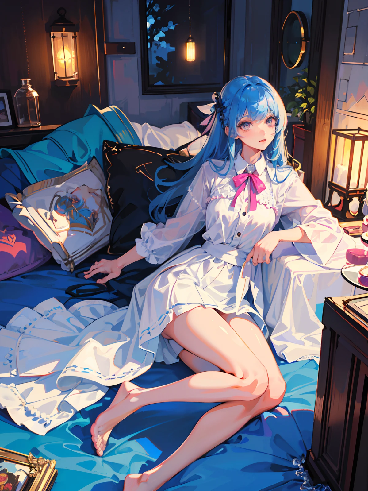 (detailed beautiful eyes and detailed face, masterpiece side light, masterpiece, best quality, detailed, high resolution illustration), (1 girl, full body, beautiful girl, shiny skin, looking down, looking at viewer) , (sky blue hair, pink eyes, skirt, ribbon, button-down shirt)