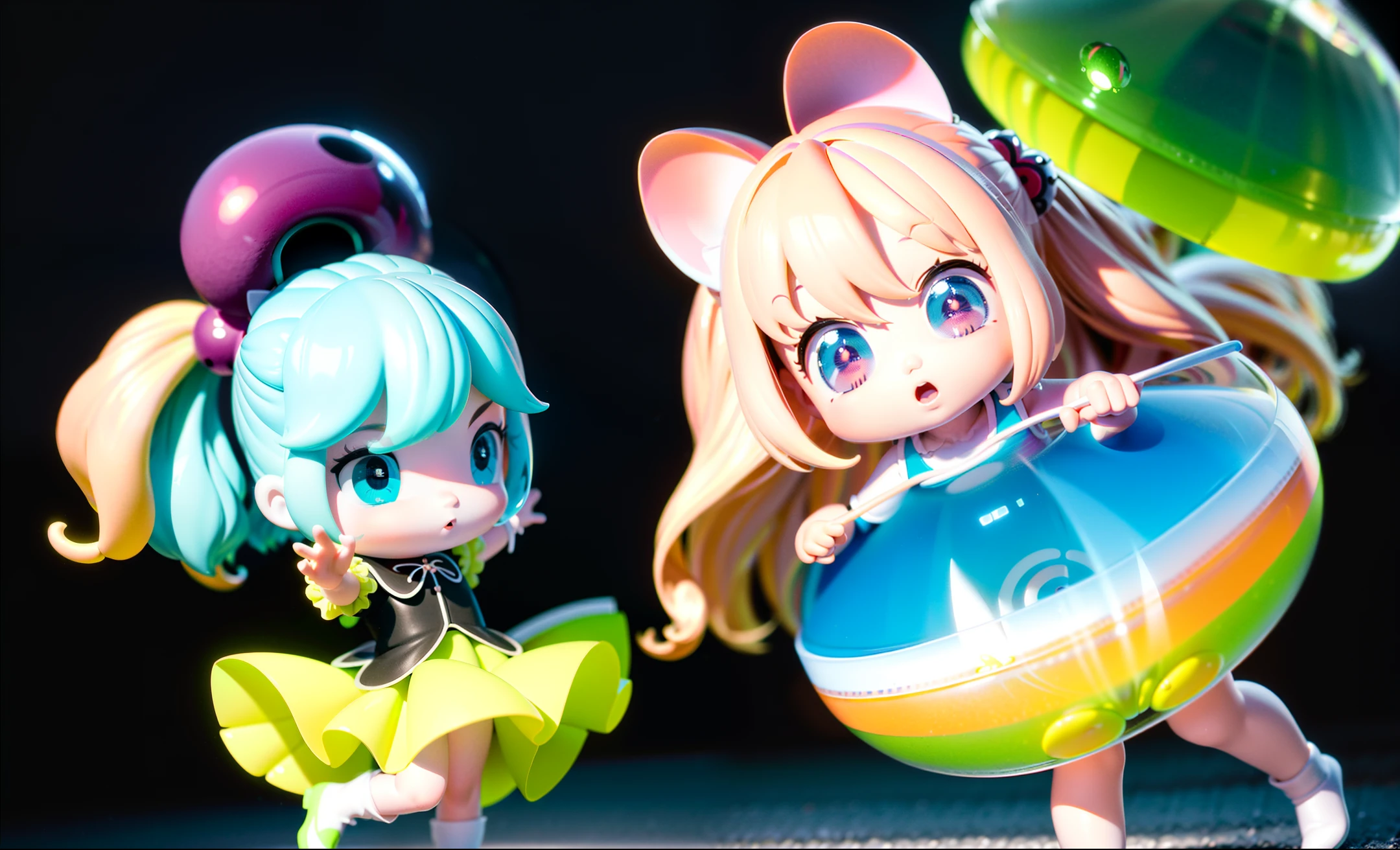 Detailed plastic material, ((same character, front, side, back)) best quality, (very detailed model), (best quality), octane rendering, ray tracing, very detailed, 3D toys , exaggerated huge hair, little girl (full body) (3D hair, cute hair accessories, ((children)), beautiful eyes, cute big eyes, cute face, pink and green gradient, drum skirt, cute skirt, chib, fluorescent half Transparent, colorful, plastic, children, transparent, product design, luminous jelly, exquisite and cute plastic, beautiful lighting 3d, digital art, translucent plastic bubble gum, close-up, 3d, super detailed, generated front view, side view, rear view three View, borderless, c4d, Octane rendering, Blender, HD, full body, simple background!