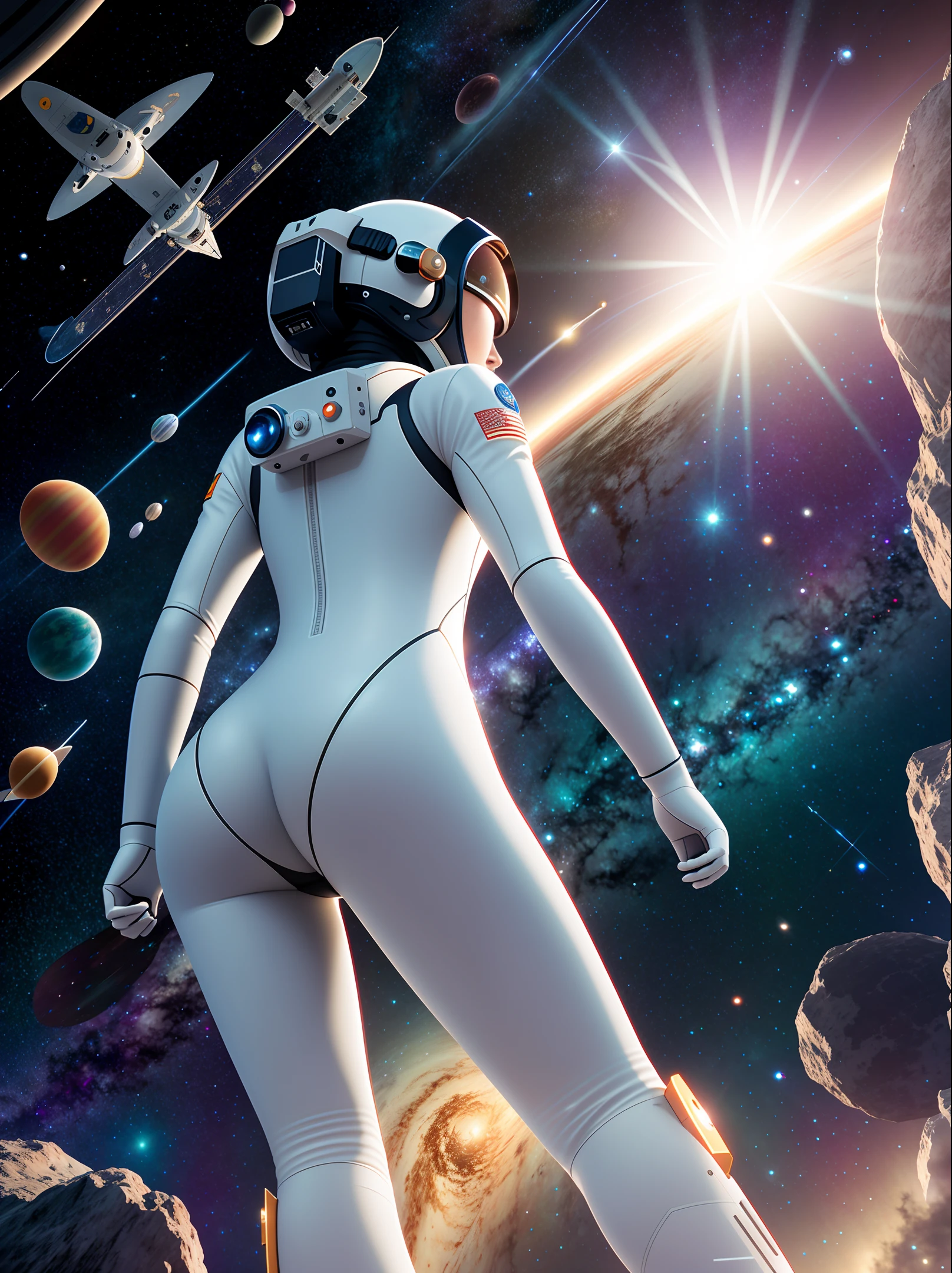 Masterpiece, super fine CG unity 8k wallpaper, manga, (astronaut girl in space), single, (looking back), perfect buttocks, ((curves)), beautiful stars, ambient occlusion, specular reflection, two-sided reflection, Best lighting, best shadows, super detailed, (transparent bodysuit), full body, weightlessness, ray tracing, correct limbs