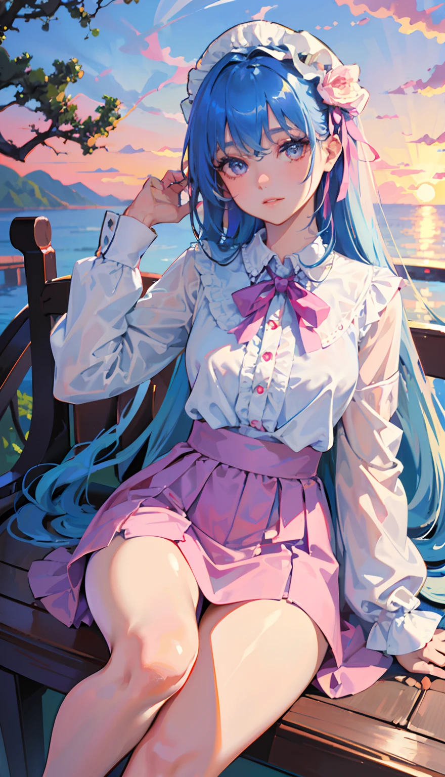(detailed beautiful eyes and detailed face, masterpiece side light, masterpiece, best quality, detailed, high resolution illustration), (1 girl,, beautiful girl, shiny skin, looking down, looking at viewer), (sky blue hair, pink eyes, skirt, ribbon, button-down shirt)