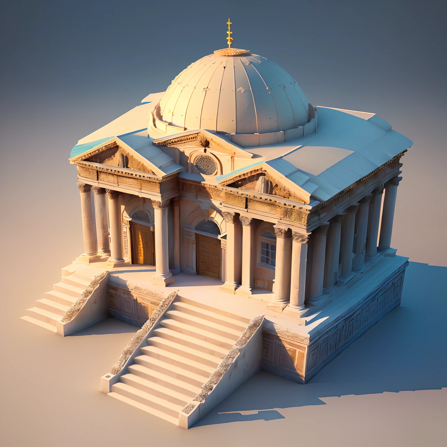 ((Isometric view)), (very detailed 8k wallpaper), a small ancient greek building with a dome on top of the roof and porch entrance, steps leading to the entrance, new objectivity, 3d model, Epsylon Point, concept art