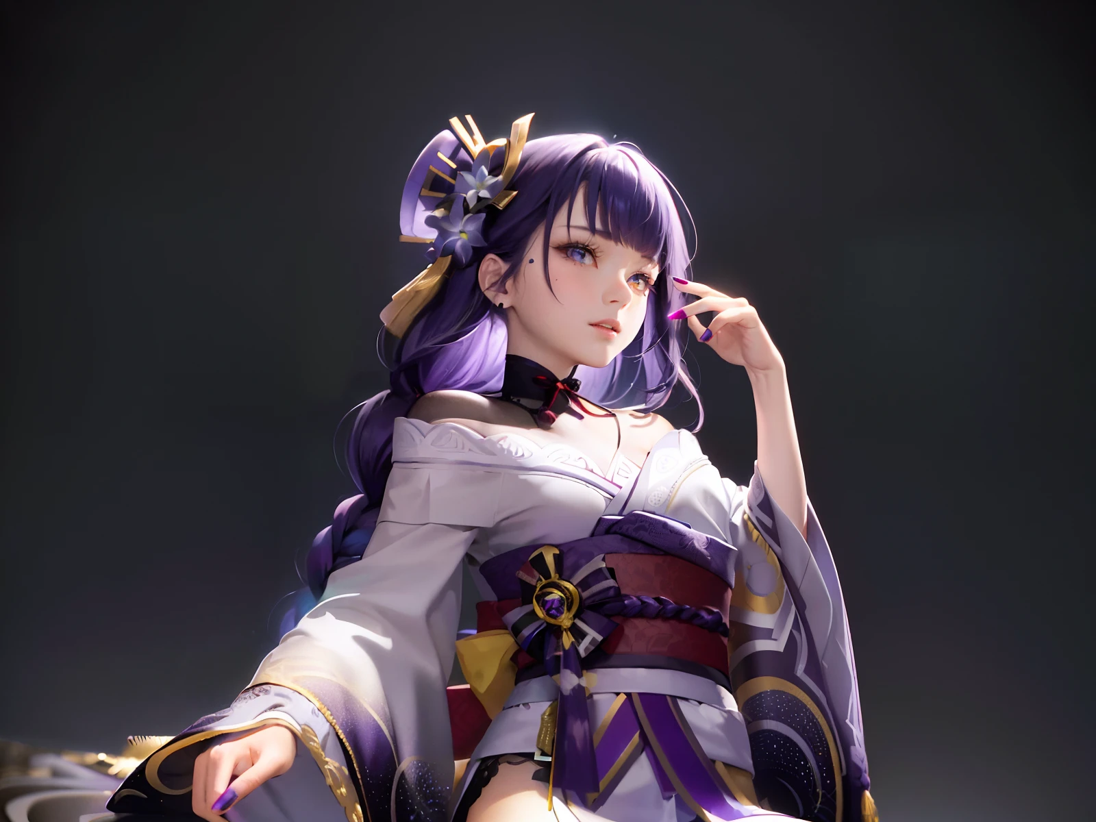 Masterpiece, Exquisite Color Touch: 1.2), High Contrast, (Illustration: 1.2), 1girl, Solo, (Raiden General: 1.4), Purple Hair, Purple Eyes, Bangs, Braids, Braided Ponytail, Chest, Hair Accessories, Japanese Clothes ,kimono, obi, red obi, (detailed background: 1.4), (torii), (thighs: 1.4), volumetric lighting, super detailed, very detailed, beautiful, small details, super detailed, best quality, complex, sharp , digital illustration, detailed, realism, intricate, 4k, 8k, trending on artstation, good anatomy, beautiful lighting, award winning, high resolution, (very detailed CG, unity, 8k wallpaper: 1.1) , beautiful face, highly detailed face, shrink,vibrant color,vibrant color,nail polish,(glow:1.4)
