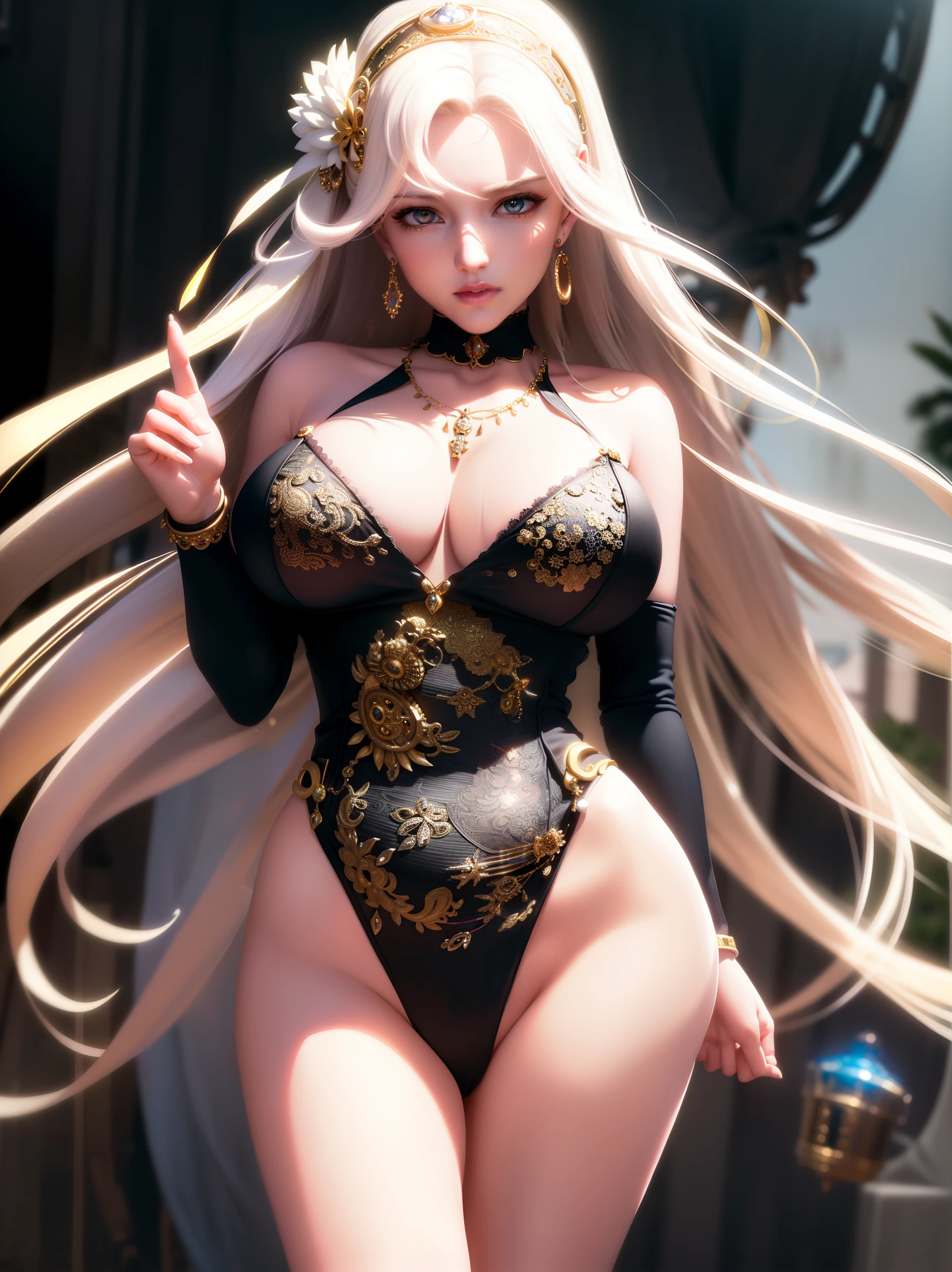 (Ultra-realistic 8K CG masterpiece, outdoor, street, carriage, steam engine, punk, clean and perfect facial features, film-level halo and halo, side light, beautiful eyes, (perfect female figure and slender waist), white hair, elegant White long hair, exposed, sexy, charming, exposed, big breasts, erotic, beautiful, beautiful, clean, perfect, white stockings, cute, (roll: 1.4) , Prestige, Luxury,jewelry, diamond, gold, pearl, gemstone, sapphire, ruby , emerald, Intricate, detailed , delicate golden throne pattern, glamorous jewelry, necklaces, earrings, bracelets, armbands, steampunk vibe, Warhammer 40K style,
