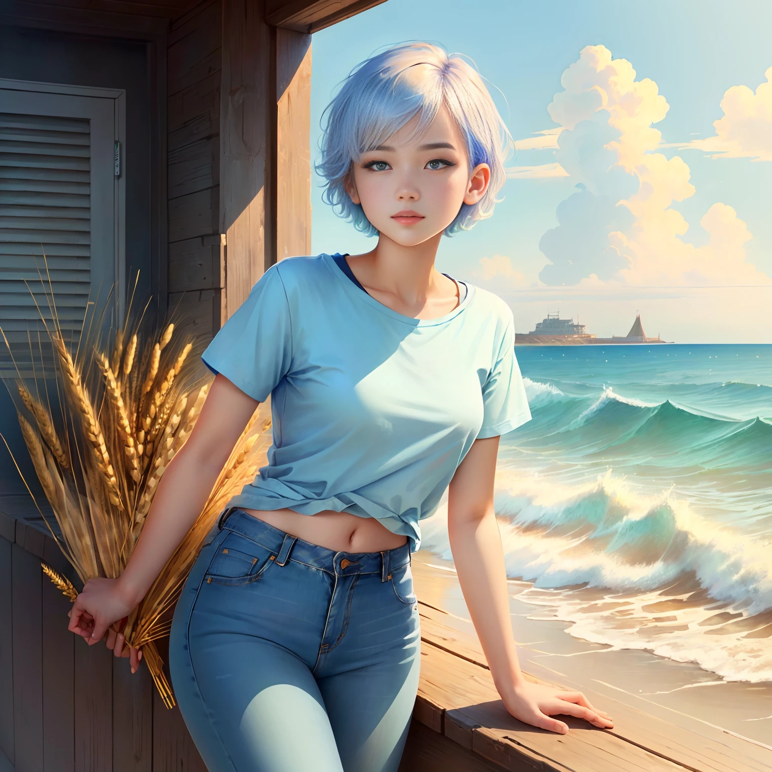 (best quality),(super fine),(masterpiece),illustration,(youth),(wheat skin),seaside,light blue short hair,t-shirt,jeans