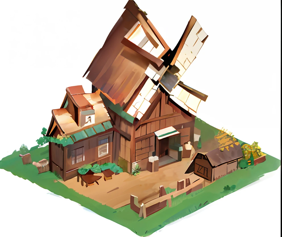 A picturesque farmstead with windmills, log cabins and expanses of grassland framed by dramatic lighting and shadows.