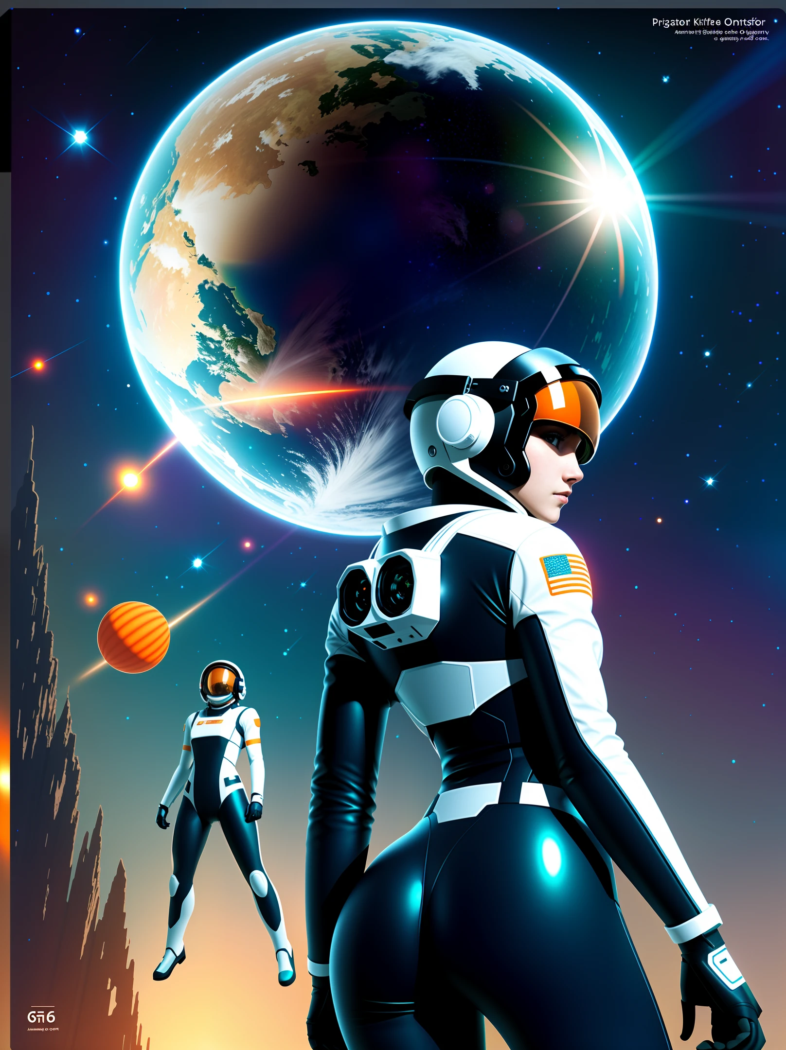 Masterpiece, super fine CG unity 8k wallpaper, ((comics)), （(1 astronaut girl )）, solo, (looking back), （perfect hip）, (curvey body), face detailed，short hair，whole glass Helmet，beautiful stars, （photo realism: 1）,  specular reflection, best lighting, best shadows, ultra detailed, (((transparent tight))), full body, weightlessness, ray tracing, orange lighten,
