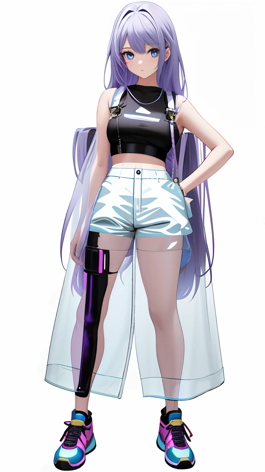 1girl, full body, long hair, hair reaching the ground, middle , mittens, crop top, overalls, dark lights,  arms, (shoulder: 1.9), long hair, pure white background, croptop, Kpop Idol, short sleeves T - shirt, hip hop pants, colorful, 1 women's colorful PVC tank top ((movie jamming)), full body, wearing sneakers, beautiful eyes, glitter, accessories, portrait, artwork, c4d, blender, pretty face, black Bottom, 1 piece of women's clothing ((color laser  PVC material)) coat shoes, film interference, full body, beautiful eyes, accessories, portraits, game art, character concept design, beauty, white bottom, masterpiece, Top Quality, high quality, High resolution {beautiful detail eyes: 1.4}, (super fine detail), (extremely detail detail beauty: 1.2), (delicate beauty cute face: 1.3), glowing eyes,