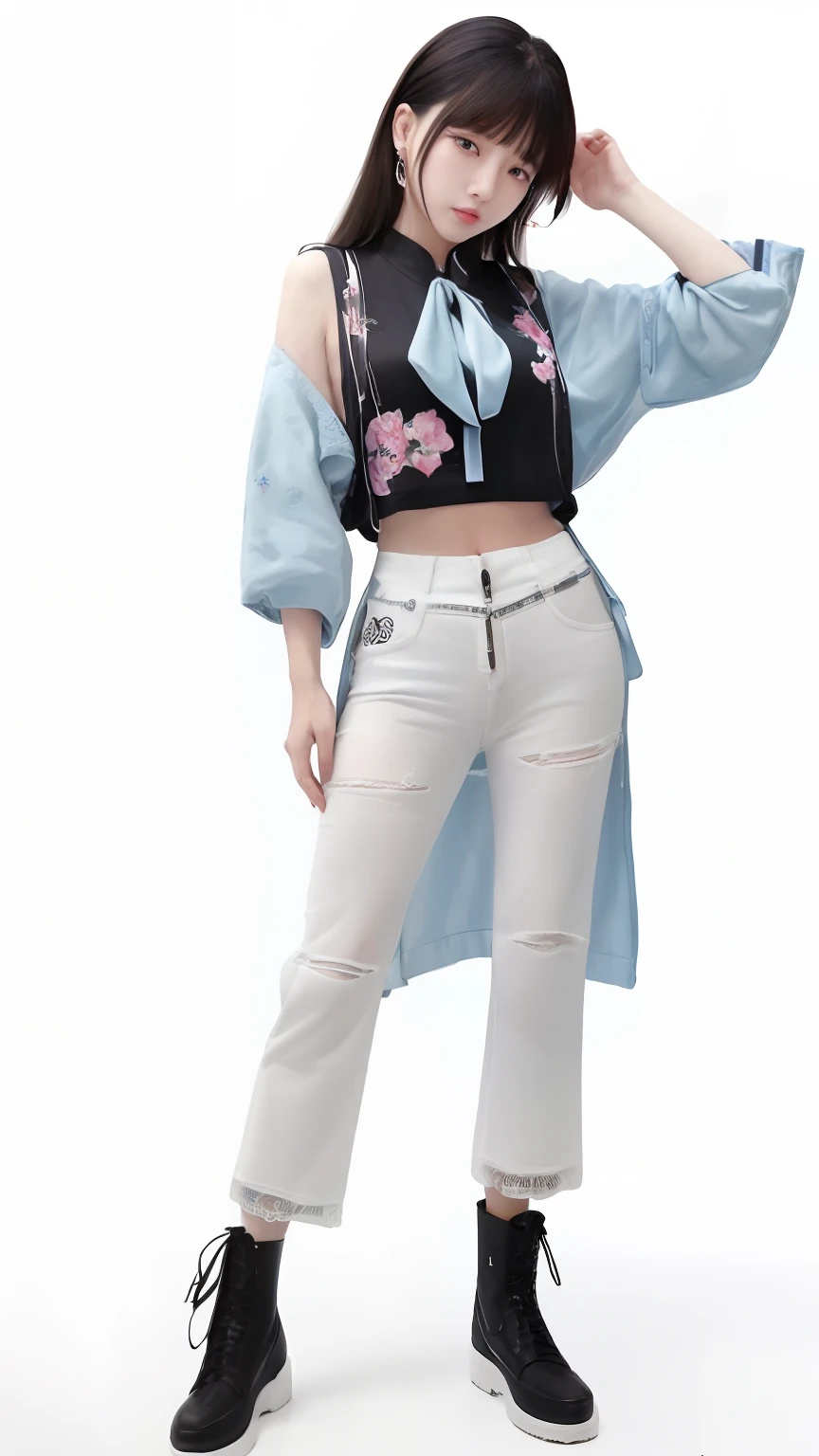 ((High Quality)), ((Masterpiece)), 8k, 1girl, 全身, 长发, 头发及地, 中胸, 手套, crop top, 工装裤, 裤子, 裸臂, (shoulder: 1.9) ,long头发，纯白色背景，croptop，Kpop Idol，短袖 T 恤，嘻哈裤，五颜六色，1 件女式彩色 PVC 背心（（电影干扰）），全身，穿着运动鞋，美丽的眼睛，闪闪发光,配饰,人像,美术产品,c4d,blender,俏脸,黑底,女装1件((彩色镭射透明PVC材质))大衣鞋,胶片干涉,全身,美眸,配饰,人像,游戏美术, 角色概念设计, 美颜, 白底, Masterpiece, Top Quality, High quality , high resolution {beautiful detail eyes: 1.4}, (super fine detail), (extremely fine detail beauty: 1.2), (delicate beautiful cute face: 1.3 ）， 发光的眼睛，