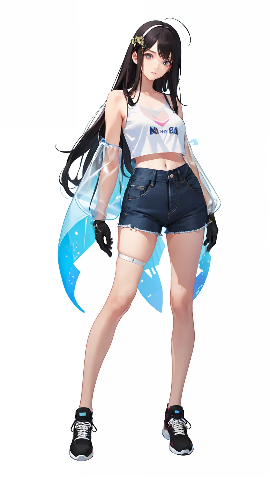 (真实感:1.4), (masterpiece, sidelighting, finely detailed beautiful eyes: 1.2), masterpiece*portrait, realistic, 3d face, glowing eyes, ((High Quality)), ((Masterpiece)), 8k, 1girl, full body, long hair, hair reaching the floor, mid chest, gloves, crop top, overalls, pants, bare arms, (shoulder: 1.9) ,long hair , plain white background, croptop, Kpop Idol, short-sleeved T-shirt, hip-hop pants, colorful, 1 piece of women's colorful PVC tank top ((movie jamming)), full body, wearing sneakers, beautiful eyes, glitter, accessories, portrait, art Product, c4d, blender, pretty face, black bottom, 1 piece of women's clothing ((color laser transparent PVC material)) coat shoes, film interference, full body, beautiful eyes, accessories, portrait, game art, character concept design, beauty, white bottom , Masterpiece, Top Quality, High quality , high resolution {beautiful detail eyes: 1.4}, (super fine detail), (extremely fine detail beauty: 1.2), (delicate beauty cute face: 1.3), glowing eyes,
