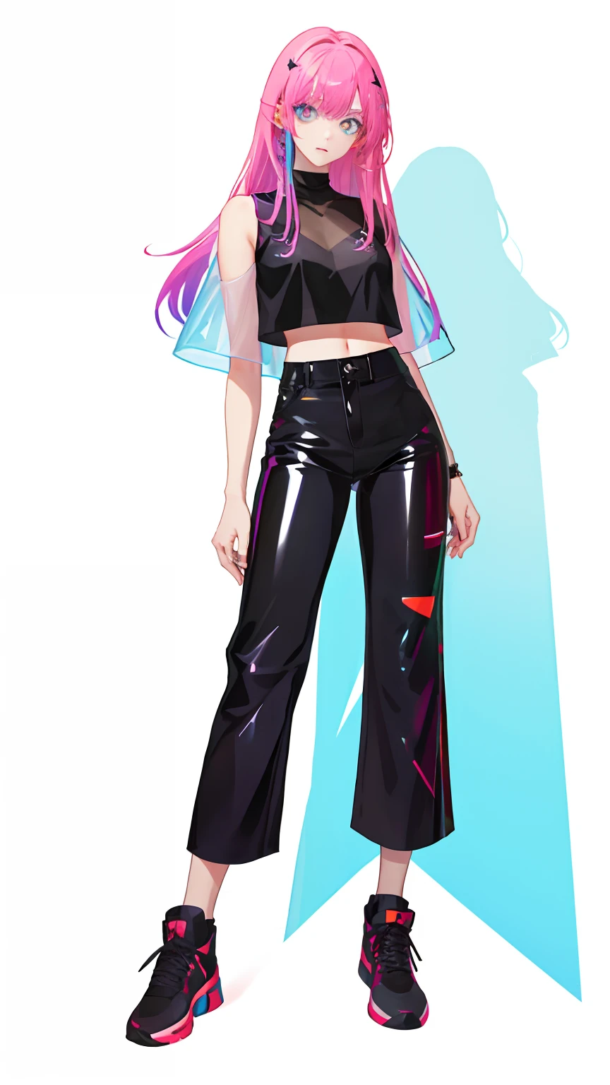 crop top, bare arms, (shoulder: 1.9), long hair, pure white background, croptop, Kpop Idol, short-sleeved T-shirt, hip-hop pants, colorful, 1 piece of women&#39;s colorful PVC vest ((movie interference)), full body , wearing sneakers, beautiful eyes, glitter, accessories, portrait, artwork, c4d, blender, pretty face, ((color laser transparent PVC material)), film interference, full body, beautiful eyes, accessories, portrait, game art, Character concept design, beauty, white background, masterpiece, Top Quality, high quality, high resolution {beautiful detail eyes: 1.4}, (super fine detail), (extremely detail detail beauty: 1.2), (delicate beauty cute face: 1.3), glowing eyes,