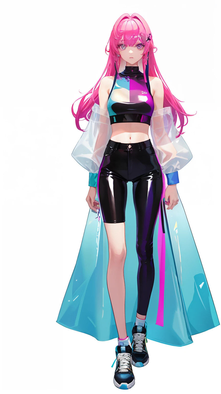 crop top, bare arms, (shoulder: 1.9), long hair, pure white background, croptop, Kpop Idol, short-sleeved T-shirt, hip-hop pants, colorful, 1 piece of women&#39;s colorful PVC vest ((movie interference)), full body , wearing sneakers, beautiful eyes, glitter, accessories, portrait, artwork, c4d, blender, pretty face, ((color laser transparent PVC material)), film interference, full body, beautiful eyes, accessories, portrait, game art, Character concept design, beauty, white background, masterpiece, Top Quality, high quality, high resolution {beautiful detail eyes: 1.4}, (super fine detail), (extremely detail detail beauty: 1.2), (delicate beauty cute face: 1.3), glowing eyes,