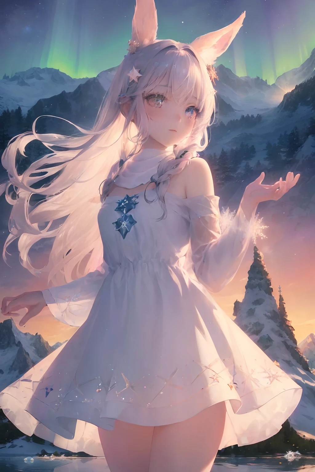 art by Cornflower, dreamy
(original, (masterpiece), (illustration:1.1), (detailed and beautiful), (perfect details), (unity CG 8K wallpaper:1.05), (beautiful and clear background:1.25), (depth of field:0.75), (1 (cute young girl:0.9) with long silver hair, ((snowflake:0.4) head ornament on hair:1.1) and (rabbit ears:1.1) stands aside the (frozen lake with (forest and mountain:1.1):1.35) under the (sunset:1.2) in the (winter:0.65):1.1). (detailed beautiful eyes:1.2), (beautiful face:1.2), (hair blowing with the wind:1.05), (pink eye:1.1), solo, (snow:0.4), aurora, stars.), pink dress,