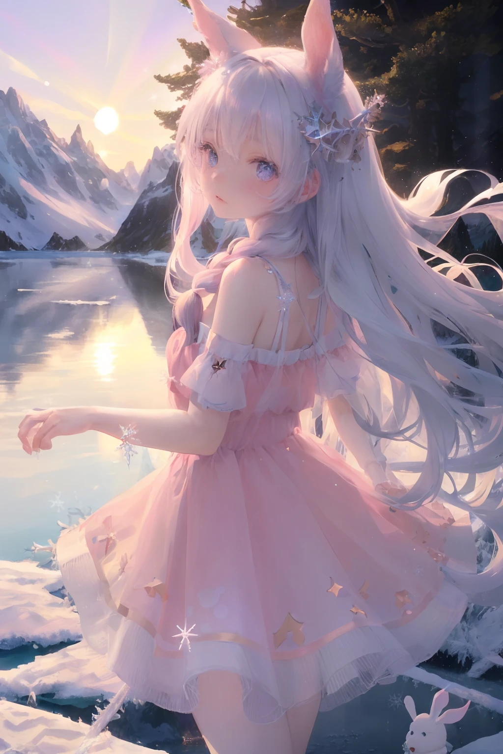 art by Cornflower, dreamy
(original, (masterpiece), (illustration:1.1), (detailed and beautiful), (perfect details), (unity CG 8K wallpaper:1.05), (beautiful and clear background:1.25), (depth of field:0.75), (1 (cute young girl:0.9) with long silver hair, ((snowflake:0.4) head ornament on hair:1.1) and (rabbit ears:1.1) stands aside the (frozen lake with (forest and mountain:1.1):1.35) under the (sunset:1.2) in the (winter:0.65):1.1). (detailed beautiful eyes:1.2), (beautiful face:1.2), (hair blowing with the wind:1.05), (pink eye:1.1), solo, (snow:0.4), aurora, stars.), pink dress,