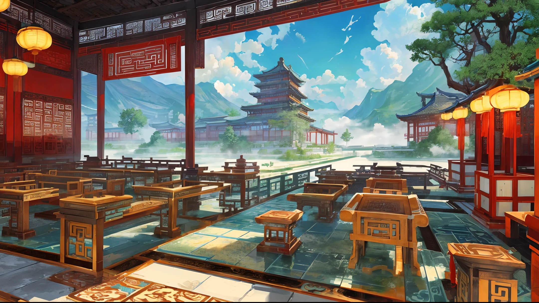 The game scene, the ancient Chinese palace is located above the clouds, misty, majestic, glazed tiles, ((color ink)), ((splash ink)), ((splash ink})), masterpiece, high quality, beautiful graphics, high detail