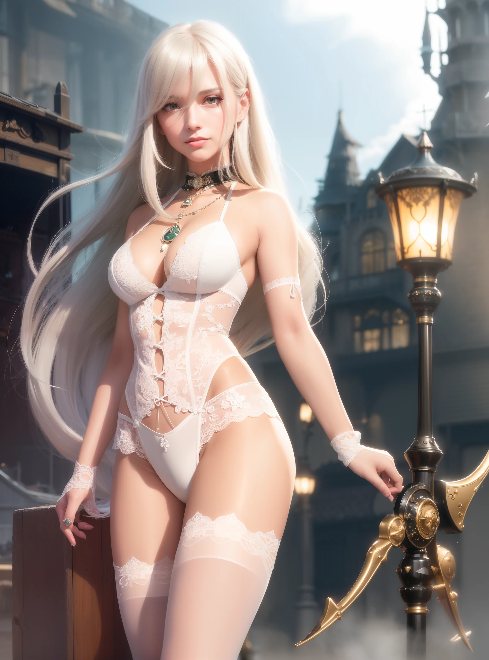 (((Ultra-Real)crafted, Masterpiece 1.2) wide-angle lens, large angle of view, masterpiece, perfect, sacred, luxurious, atmospheric, exquisite, rich in detail, complex, changeable, erotic, revealing, sexy, charming, eye-catching, CG, ultra Real 8K), masterpiece, (perfect figure: 1.2), 1girl, (side light, film halo), silver long hair, flowing long hair, wind blowing long hair, flying long hair, cat ears, (perfect and clean facial features) , Mature woman, tube top, (shiny body), (realistic renderings), (hollow transparent lace white stockings white shiny iron armor underwear: 1.4), (background Victorian England, Warhammer 40K style 1.4), (witch, magic , Foggy City, Fog, Steampunk, Steam Engine, Dusk, Rainy Day, Outdoors, Street, Castle, Steam, Sea, Ship) 1.4, Charming Smile, Standing Pose, Looking at Viewer, Legs Facing Viewer, Spreading Legs, Pearl Emerald Ruby Ruby Emerald Crystal Jewelry,