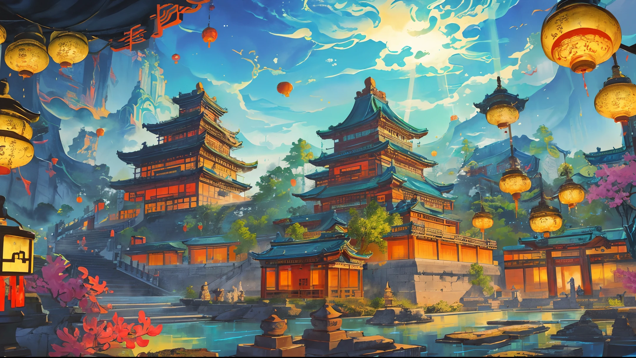 The game scene, the ancient Chinese palace is located above the clouds, surrounded by clouds and mist, majestic, glazed tiles, Buddha statues, colorful rays of light, ((color ink)),((splash ink)),((splash ink}) ), masterpiece, high quality, exquisite graphics, high detail