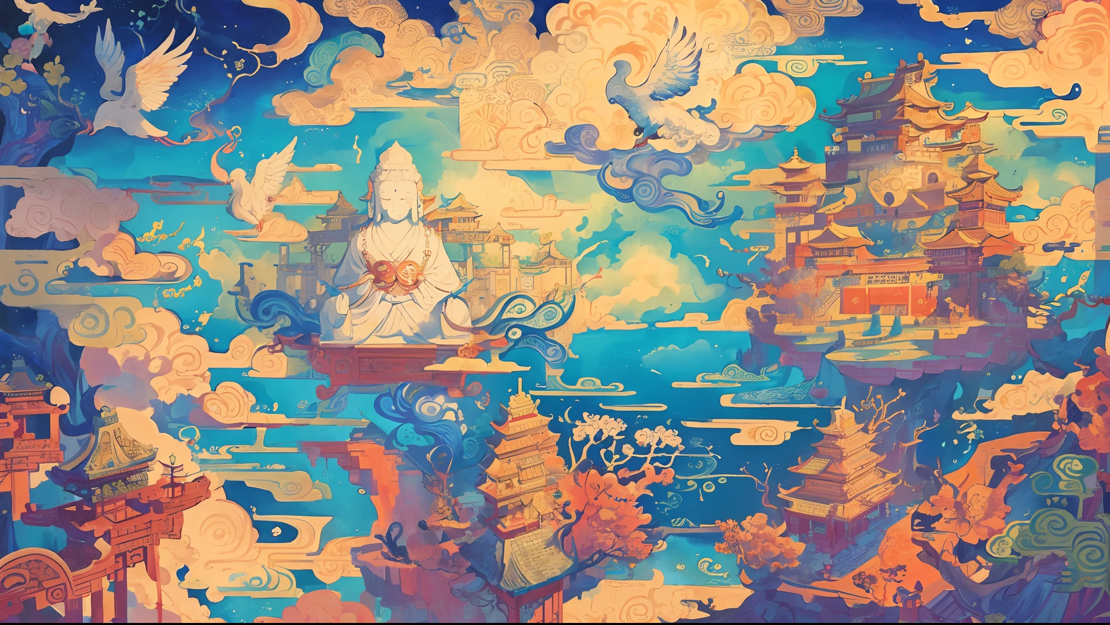 The game scene, the ancient Chinese palace is located in the clouds, above the auspicious clouds, surrounded by clouds and mist, majestic, glazed tiles, Buddha statues, colorful rays of light, bright colors, wild cranes, ((color ink)),((splash ink) ),((splash ink) ink}) ), masterpiece, high quality, beautiful graphics, high detail