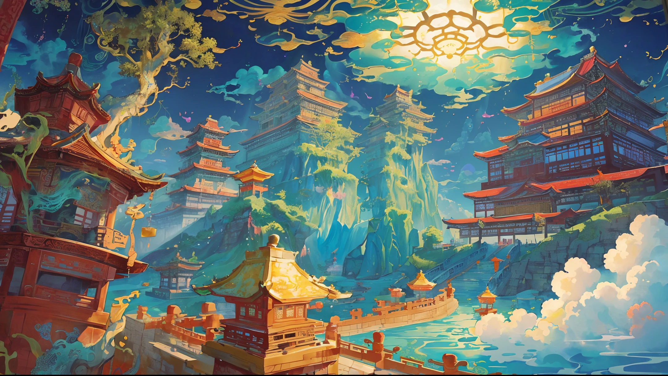 The game scene, the ancient Chinese palace is located above the clouds, Nantianmen, surrounded by clouds and mist, majestic, glazed tiles, Buddha statues, colorful rays of light, ((color ink)),((splash ink)),((splash ink) ink) ink}) ), masterpiece, high quality, exquisite graphics, high detail