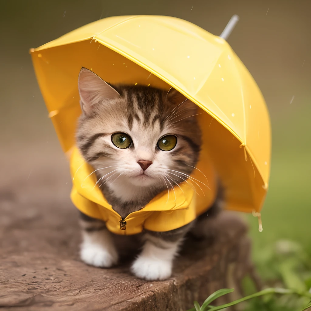 tiny cute (happy1.4) cat in a (yellow raincoat1.3) in the woods, rain, a character portrait, Tilt-shift, bokeh