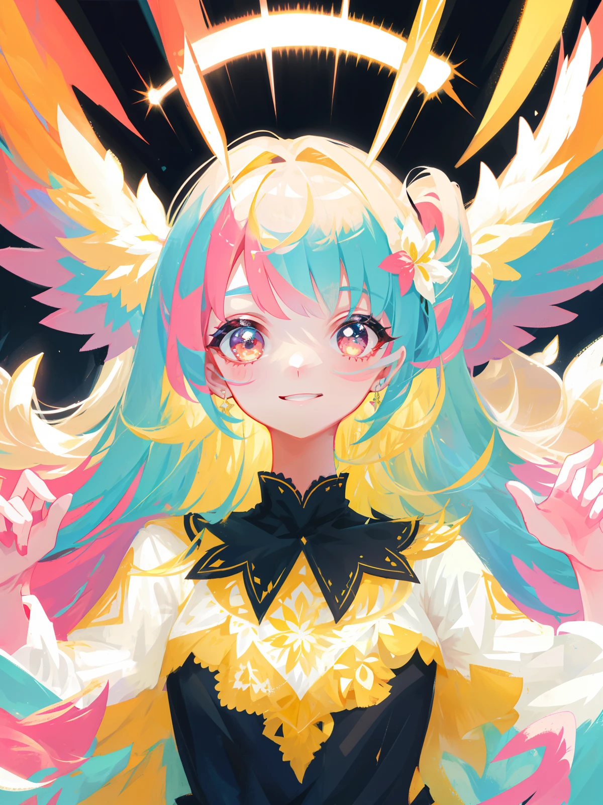 Cheerful girl with a beautiful delicate face adorned in a range of bright colors.