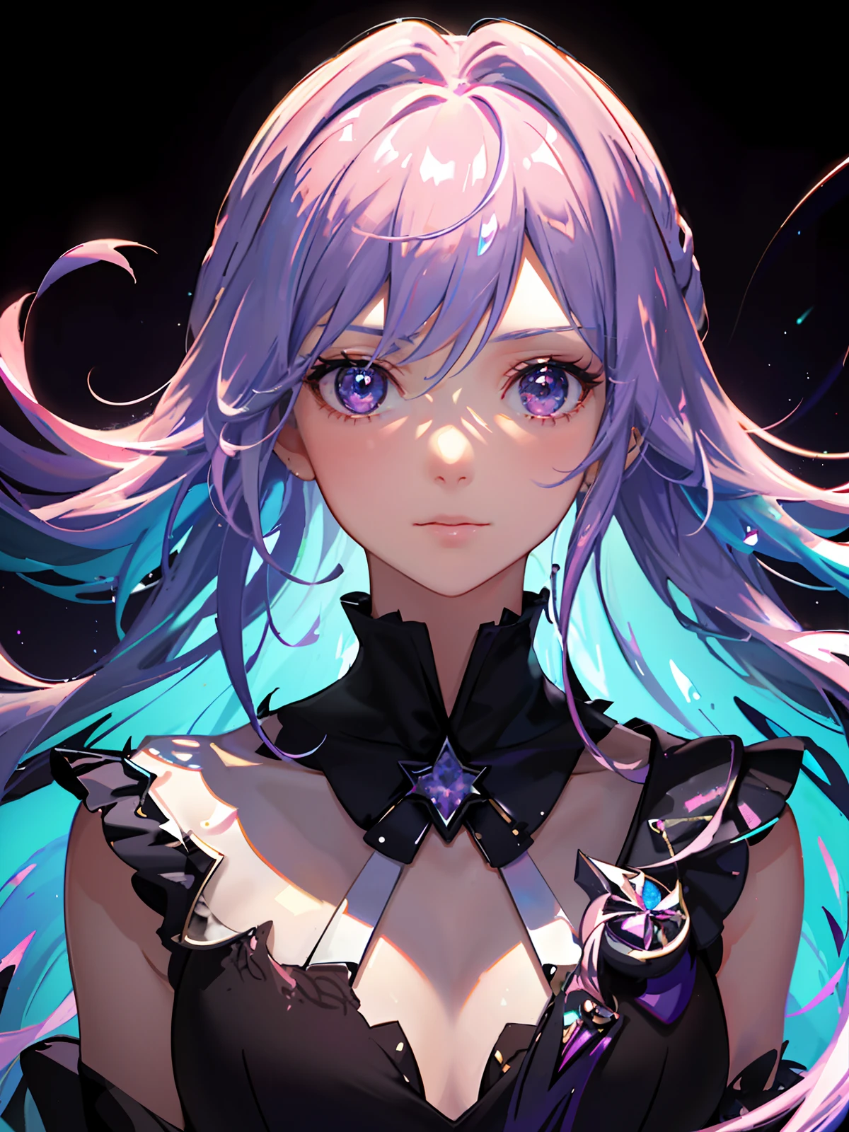 (Masterpiece, Best Quality, Ultra Detail, Best Shadow), (White Background), (Beautiful detail Face), High Contrast, (Best Lighting, Extremely Delicate and Beautiful), (Cinematic Light)), Bright Colors, Hyperdetail, Intricate Detail , Lie (1 girl, solo, front face, pink hair, pointed face, short hair, fluorescent long coat (broken glass), dress, red eyes, hair between eyes), shimmer around the character, purple light particles , magic circle, cyberpunk style，floating, (high saturation), (colorful splash), colorful bubbles, (shine), focus on the face, Kamisato, light blue hair, bangs, headband, floating flowers, flowing hair. girl, anime waifu, looking at viewer, very detailed, reflective transparent iridescent, long transparent iridescent RGB hair