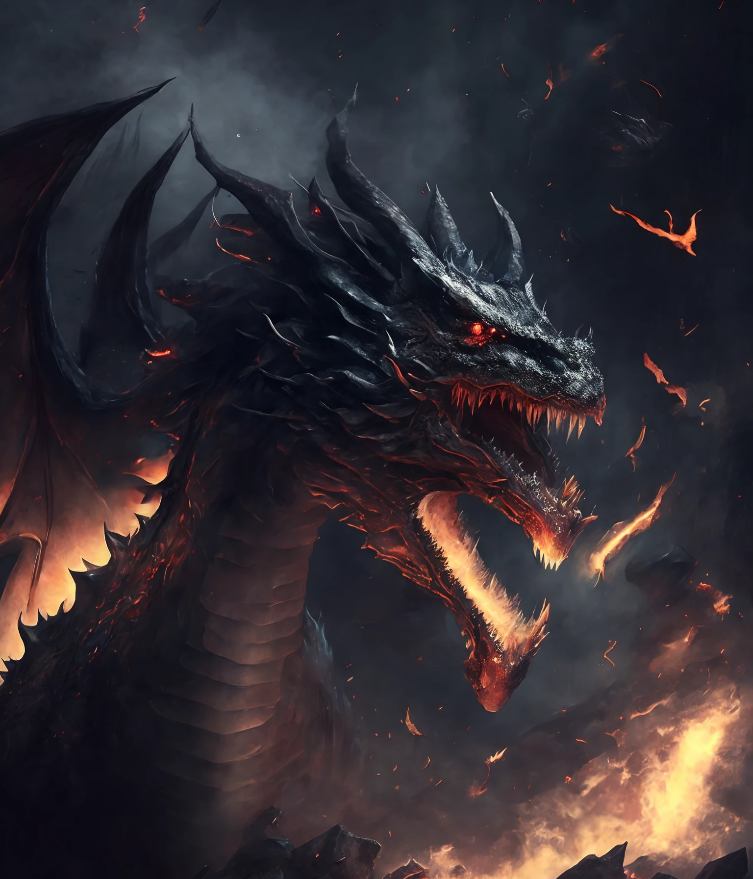 best quality, masterpiece, dark magic style, dark-ish color, smokes, magic dragon flying in the sky, dragons shooting fire balls, fire balls, dragons ruin world, ruin, huge dragons