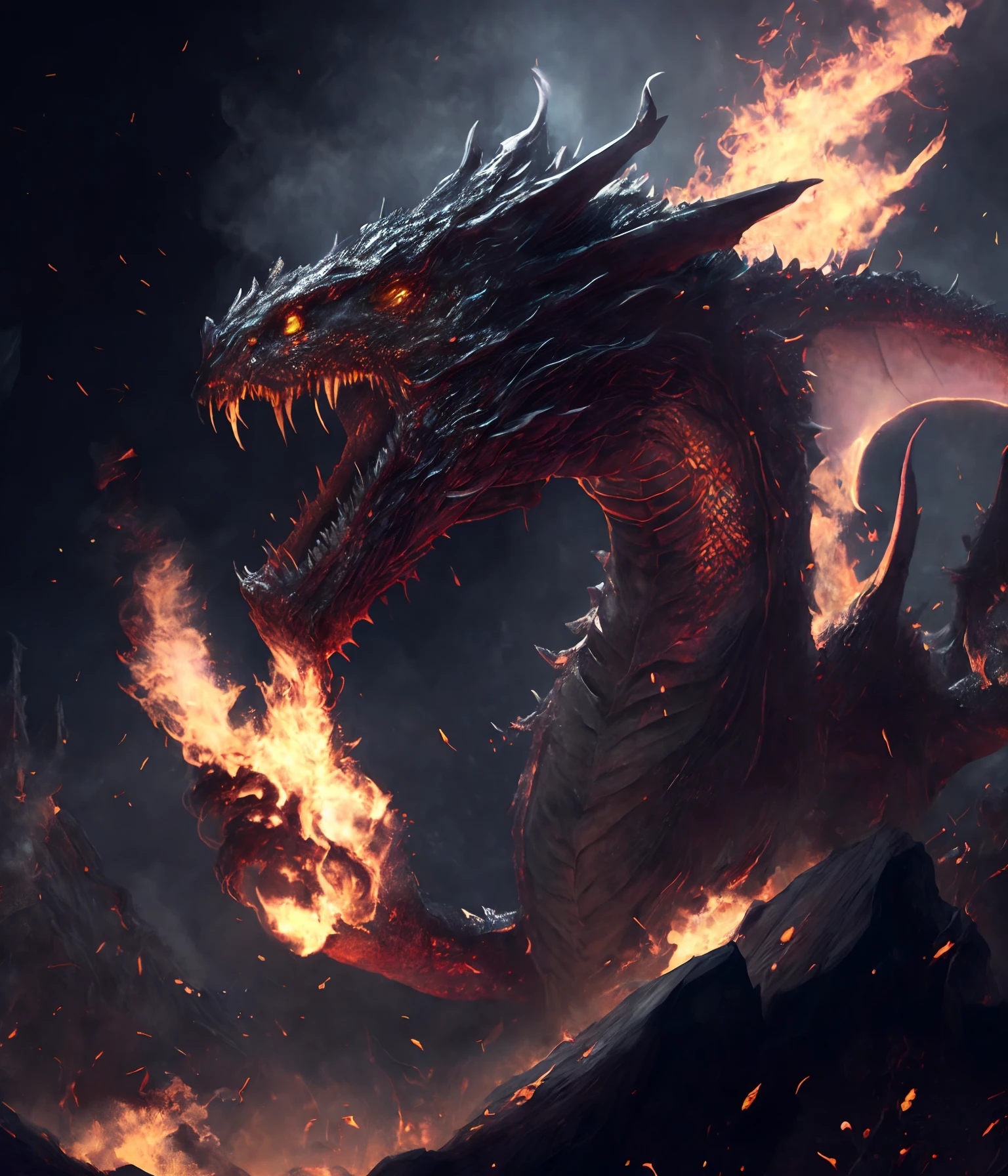 best quality, masterpiece, dark magic style, dark-ish color, smokes, magic dragon flying in the sky, dragons shooting fire , fire ballsgons ruin world, ruin, huge dragons