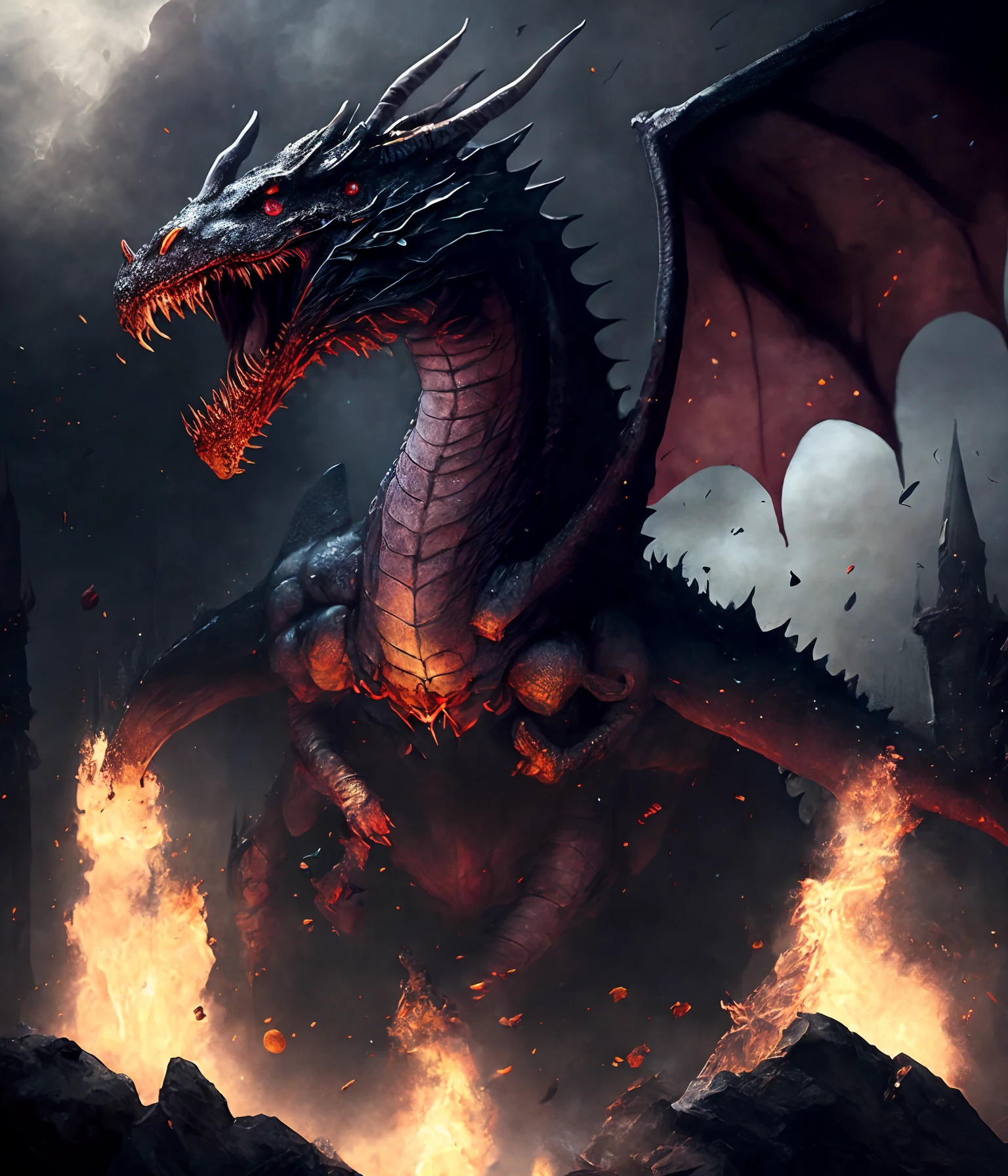 best quality, masterpiece, dark magic style, dark-ish color, smokes, magic dragon flying in the sky, dragons shooting fire balls, fire balls, dragons ruin world, ruin, huge dragons