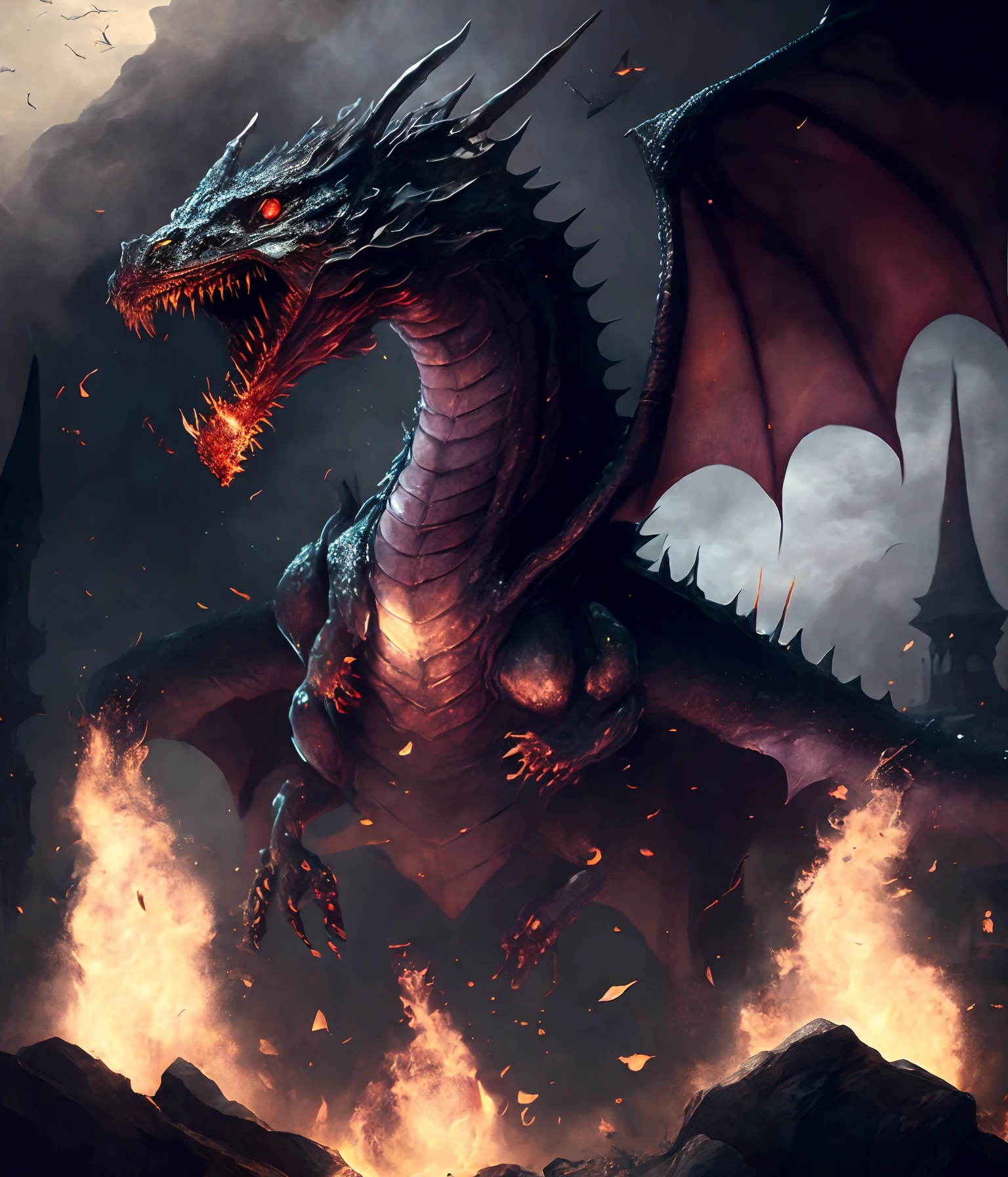 best quality, masterpiece, dark magic style, dark-ish color, smokes, magic dragon flying in the sky, dragons shooting fire balls, fire balls, dragons ruin world, ruin, huge dragons