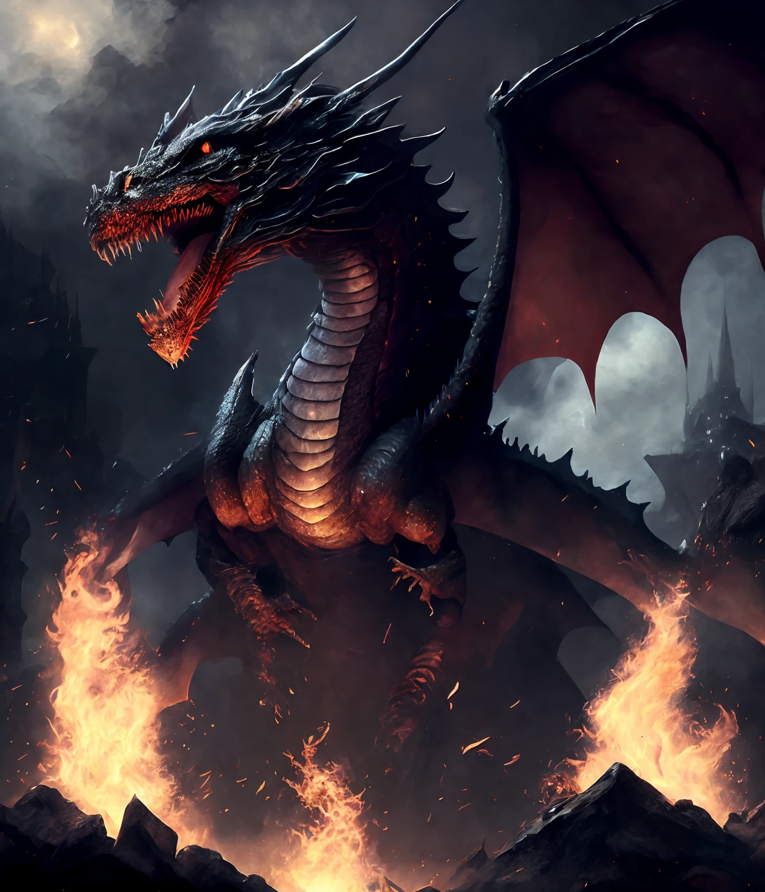 best quality, masterpiece, dark magic style, dark-ish color, smokes, magic dragon flying in the sky, dragons shooting fire balls, fire balls, dragons ruin world, ruin, huge dragons