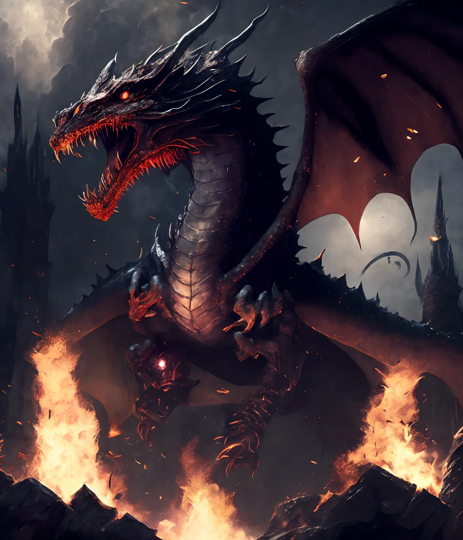 best quality, masterpiece, dark magic style, dark-ish color, smokes, magic dragon flying in the sky, dragons shooting fire balls, fire balls, dragons ruin world, ruin, huge dragons