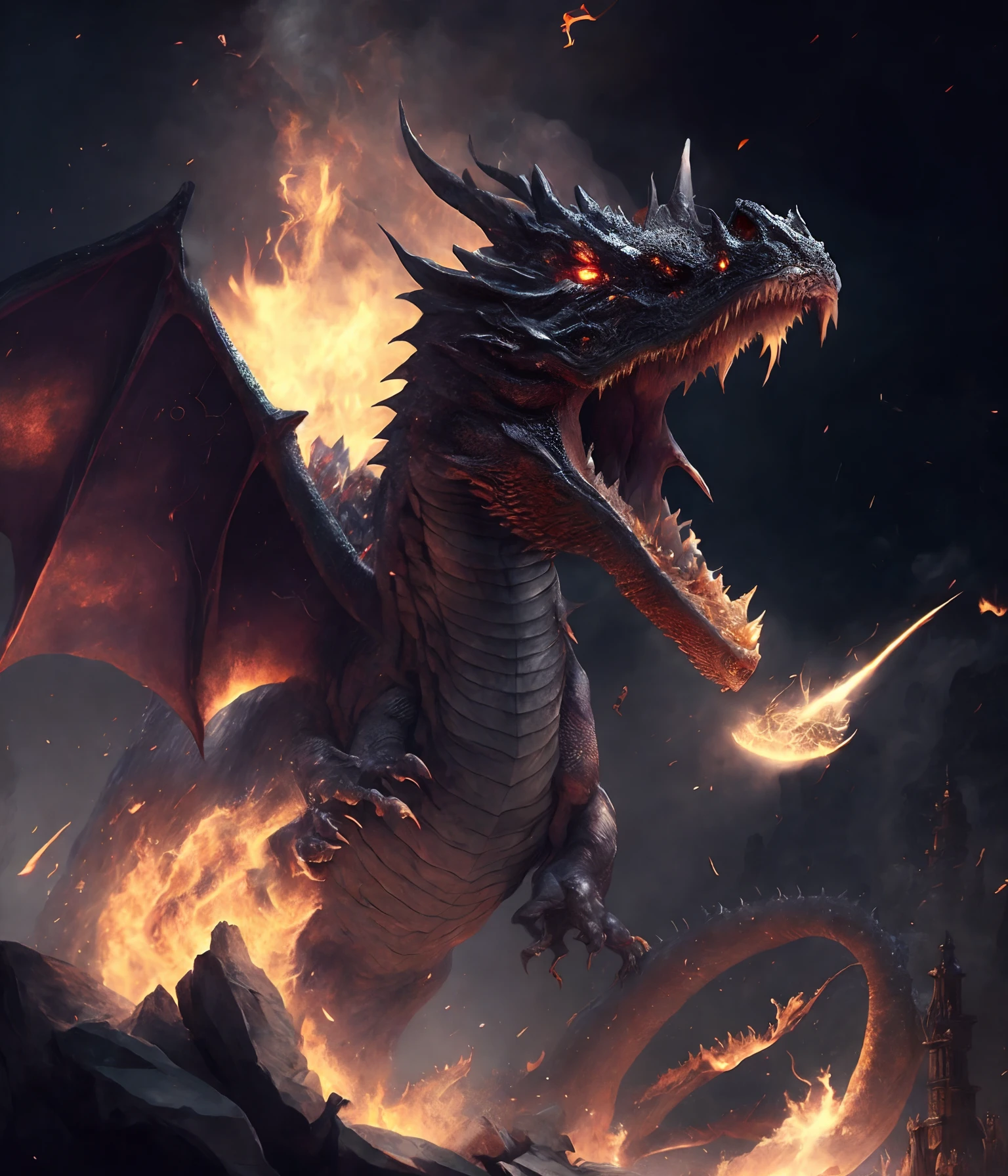 best quality, masterpiece, dark magic style, dark-ish color, smokes, magic dragon flying in the sky, dragons shooting fire balls, fire balls, dragons ruin world, ruin, huge dragons