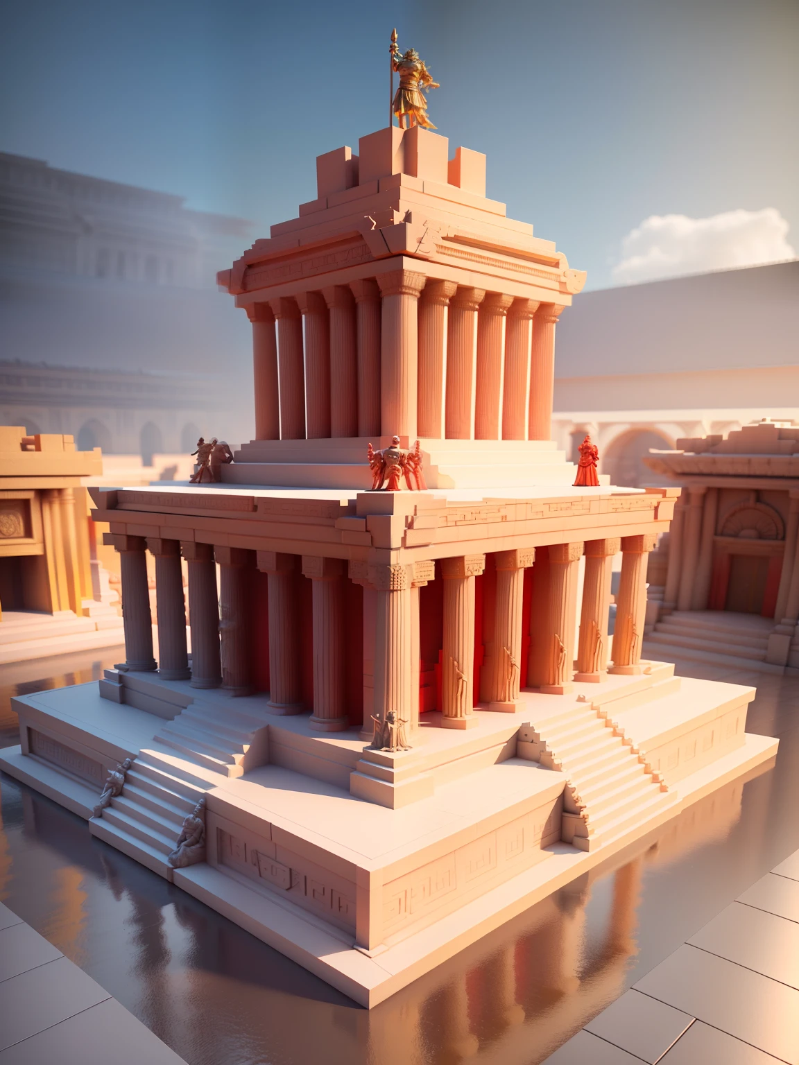 ((realist)),isometric perspective,game model,A Spartan temple building with a hero statue in the center and red carpets on both sides, (((3D rendering)))