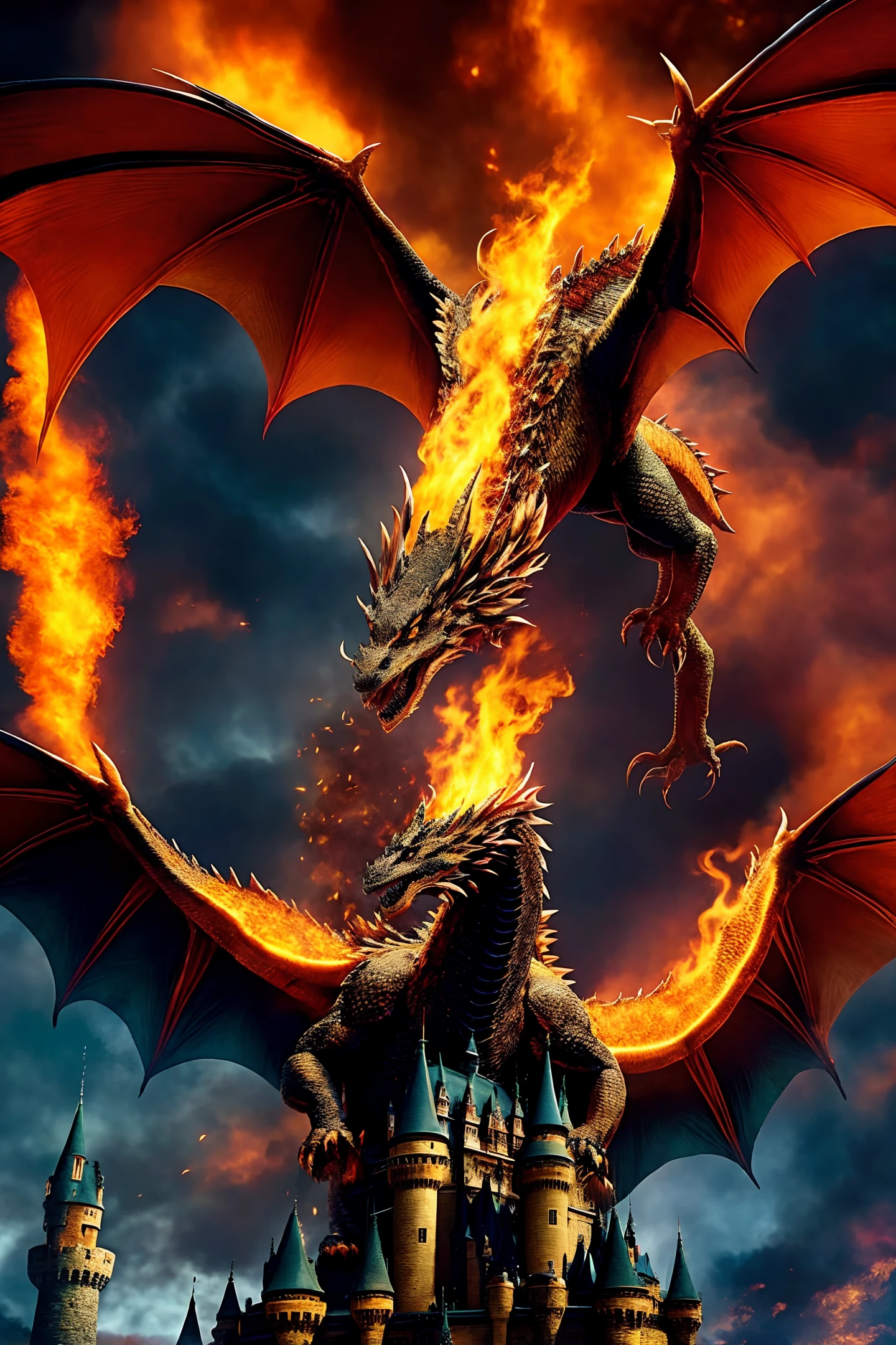 dragon fires the huge castle, flame, smoke, magic style, magic movie style, black magic, evil dragon, dragon set fire, castle, big claws, masterpiece, best quality, movie quality
